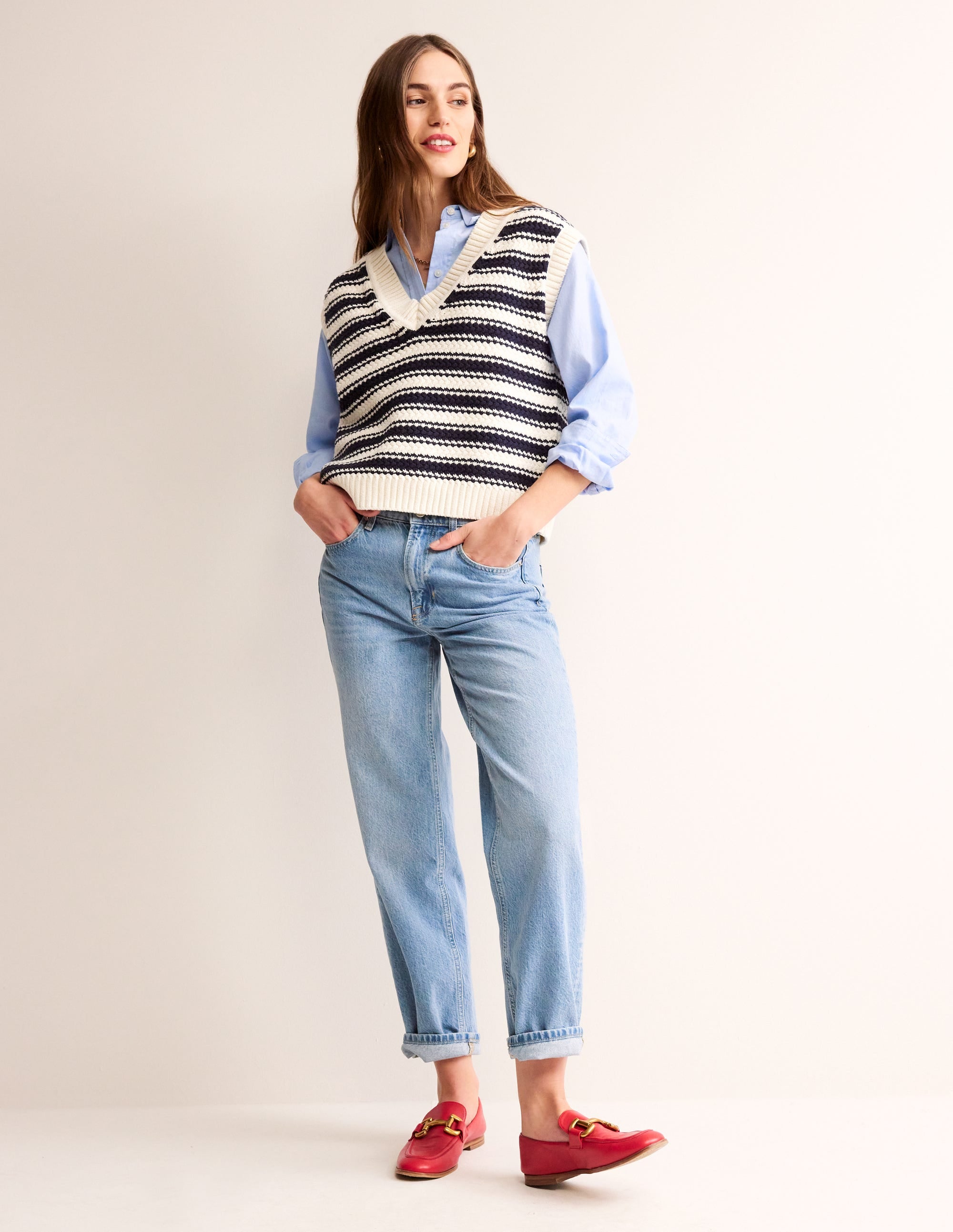 Textured Cotton Stripe Vest-Navy, Ivory Textured Stripe - Image 4