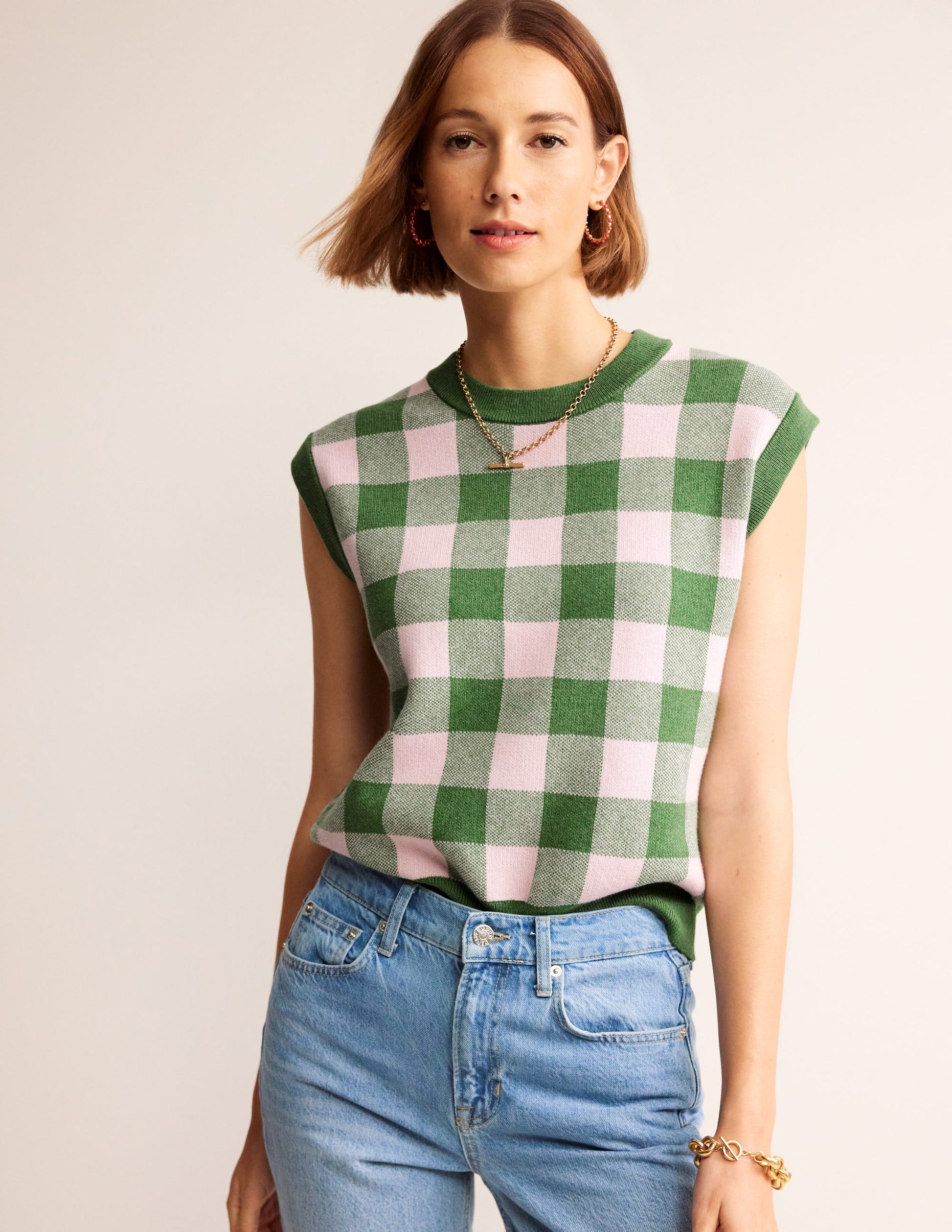 Gingham Vest-Rich Emerald, Blossom Pink-1