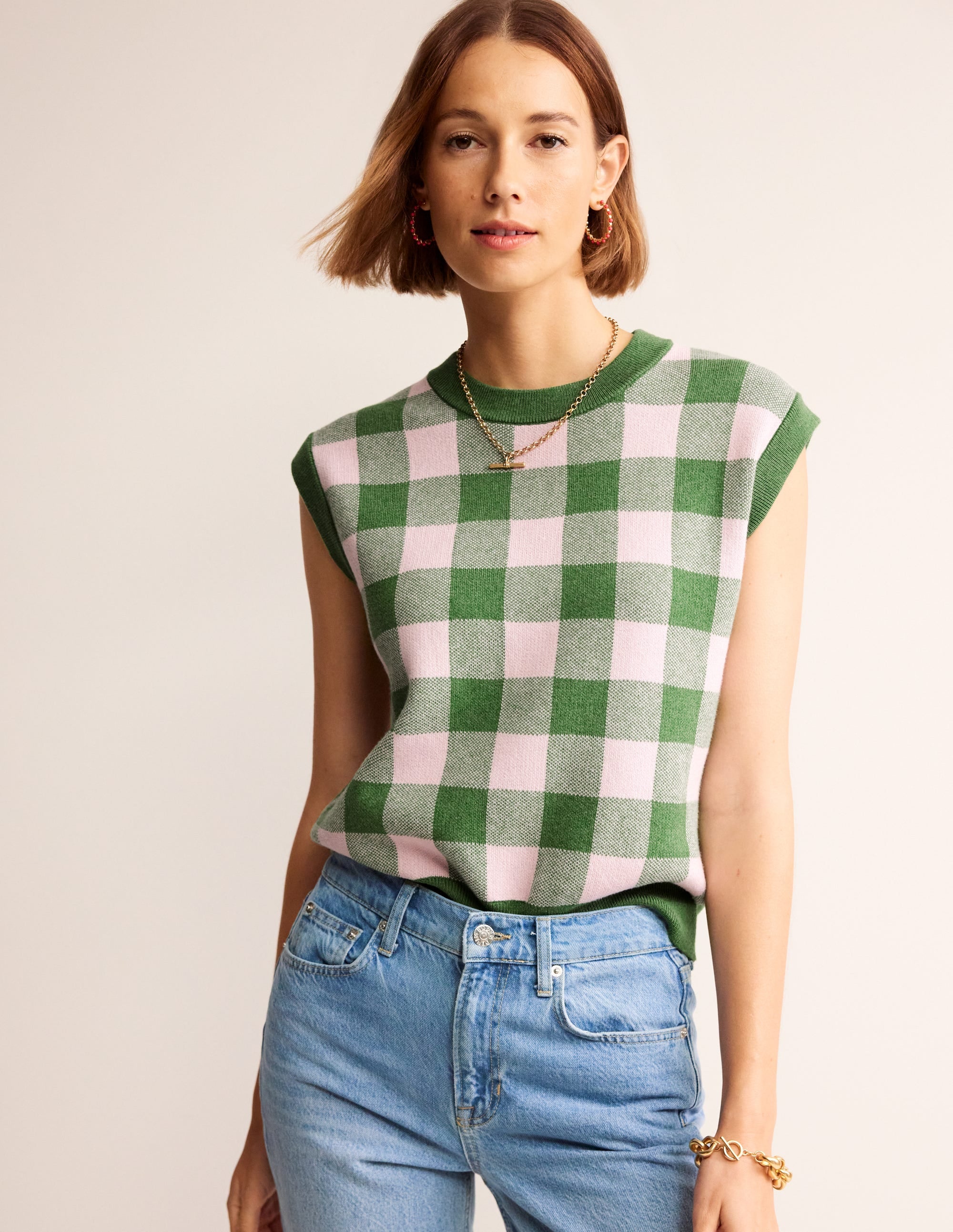 Gingham Vest-Rich Emerald, Blossom Pink - Image 1