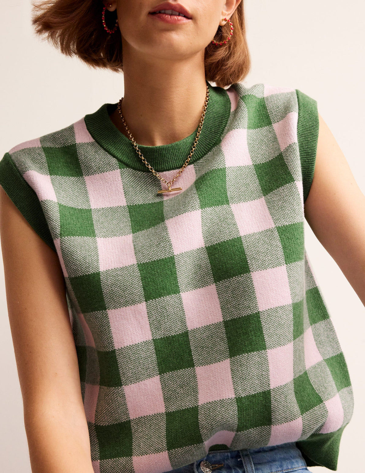 Gingham Vest-Rich Emerald, Blossom Pink - Image 2