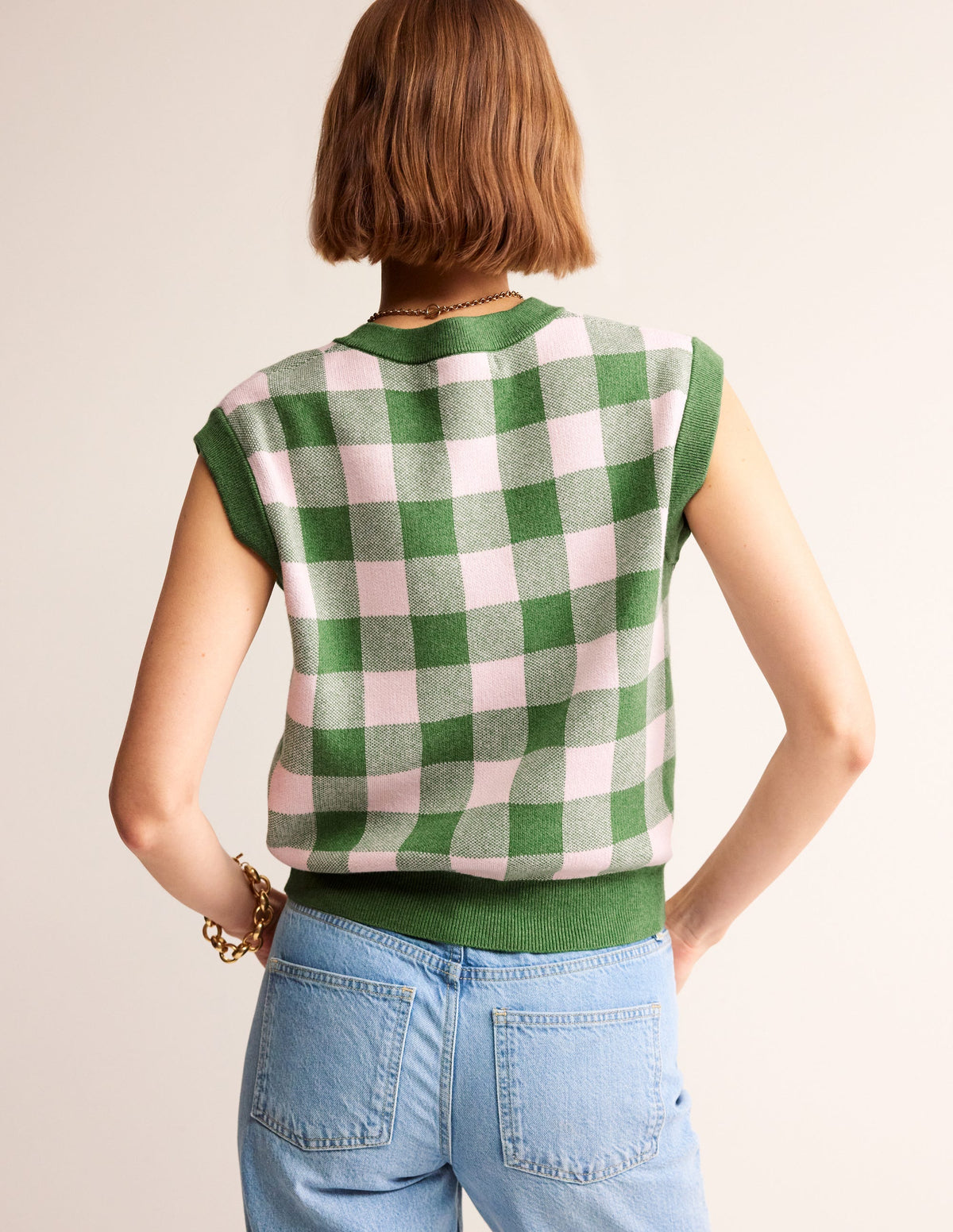 Gingham Vest-Rich Emerald, Blossom Pink-3