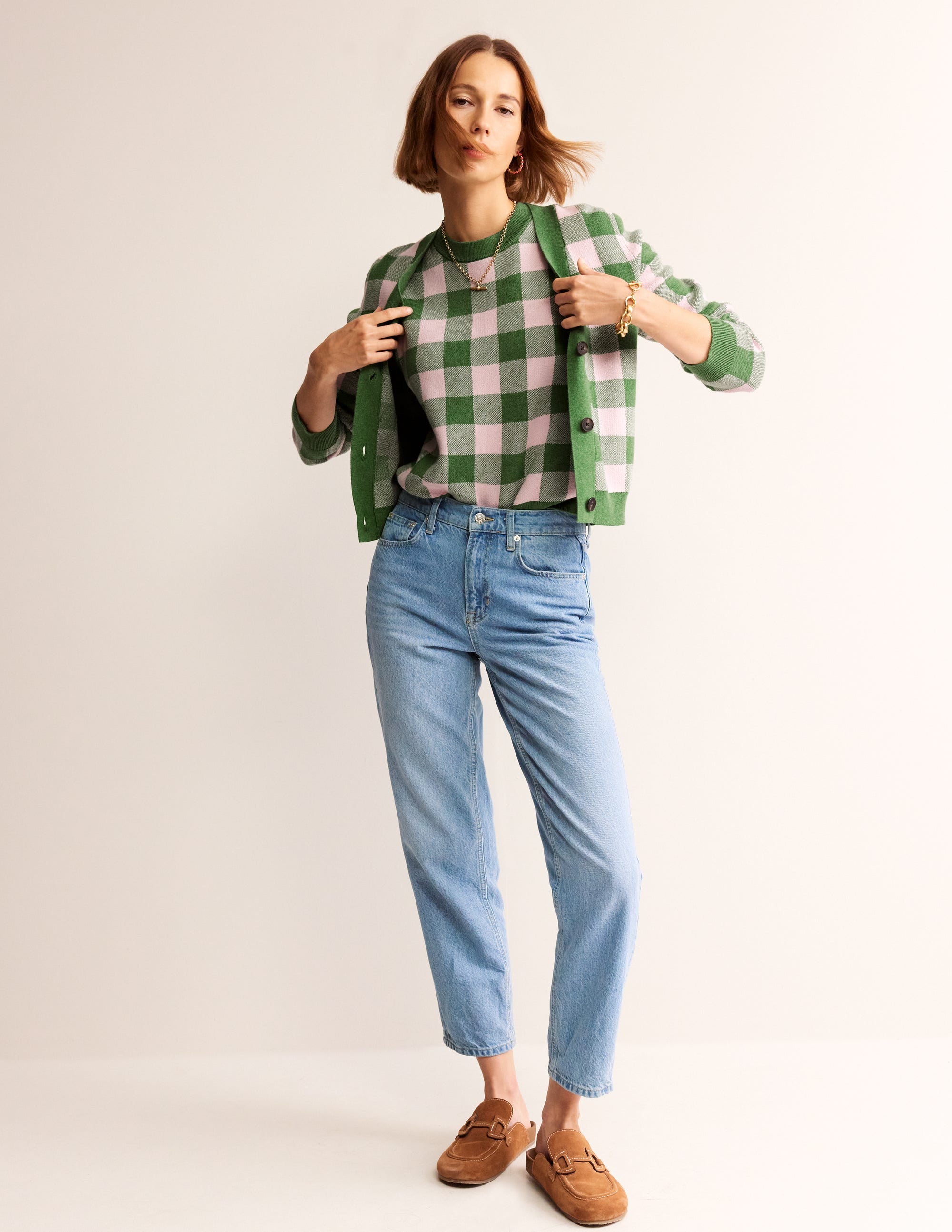 Gingham Vest-Rich Emerald, Blossom Pink - Image 4