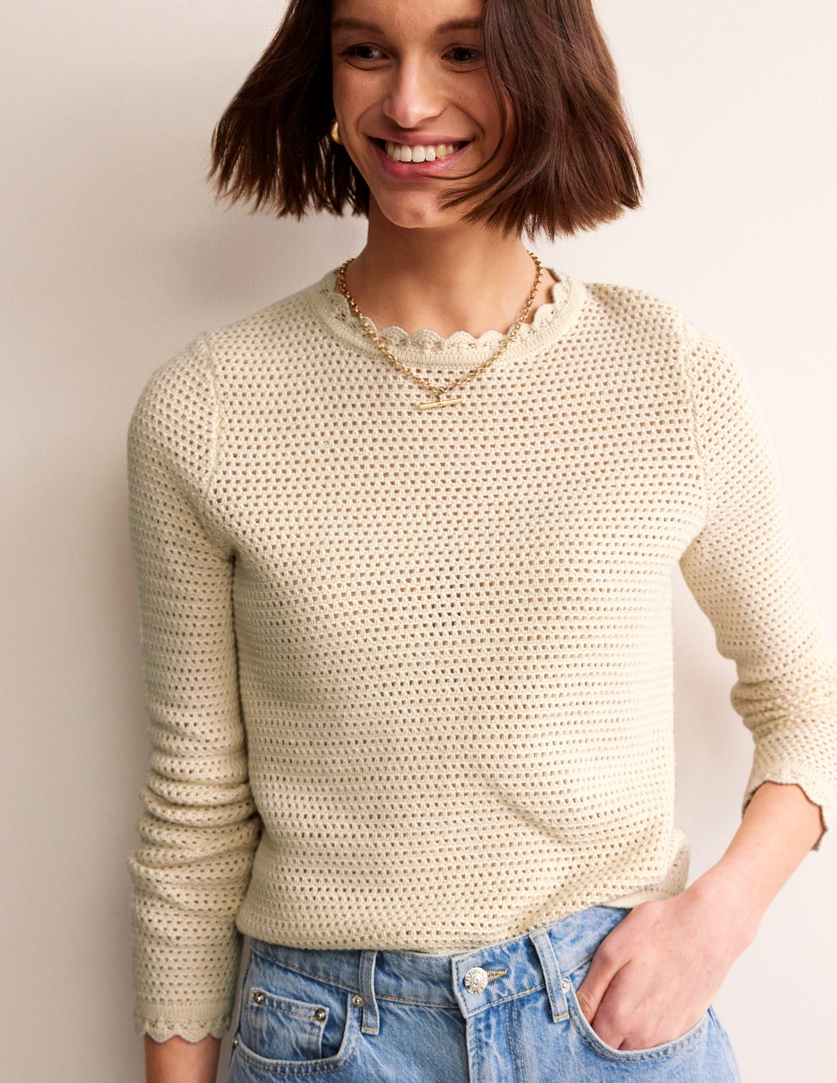 Textured Scallop Sweater-Warm Ivory - Image 1