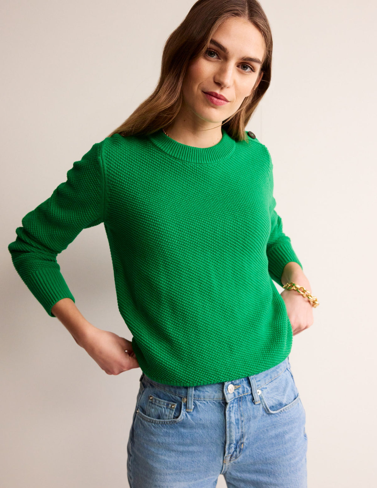 Button Detail Stitch Sweater-Bright Green - Image 1