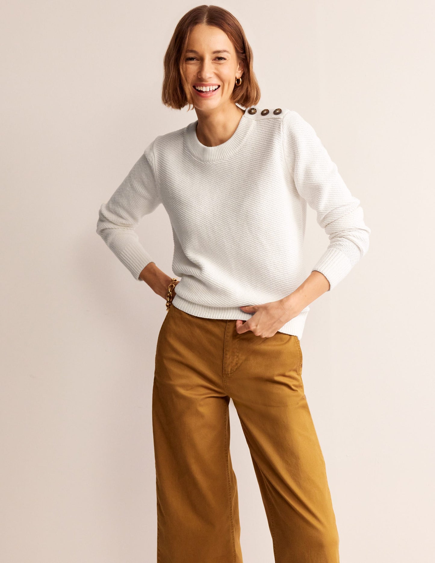 Button Detail Stitch Sweater-Warm Ivory