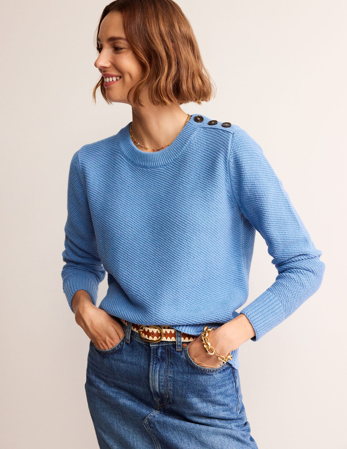 Button Detail Stitch Sweater-Porcelain Blue-1
