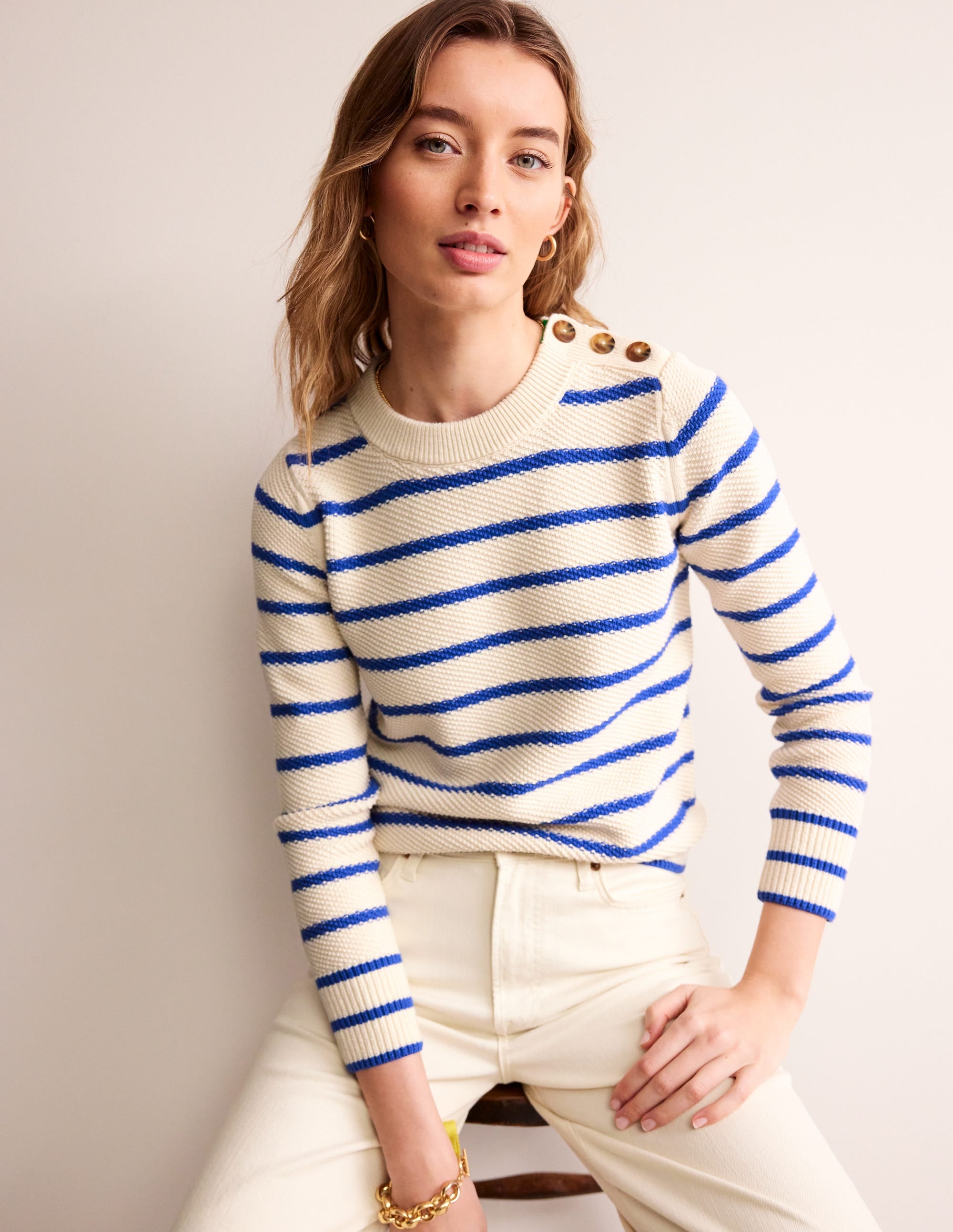 Button Detail Stitch Sweater-Warm Ivory, Island Sapphire - Image 2