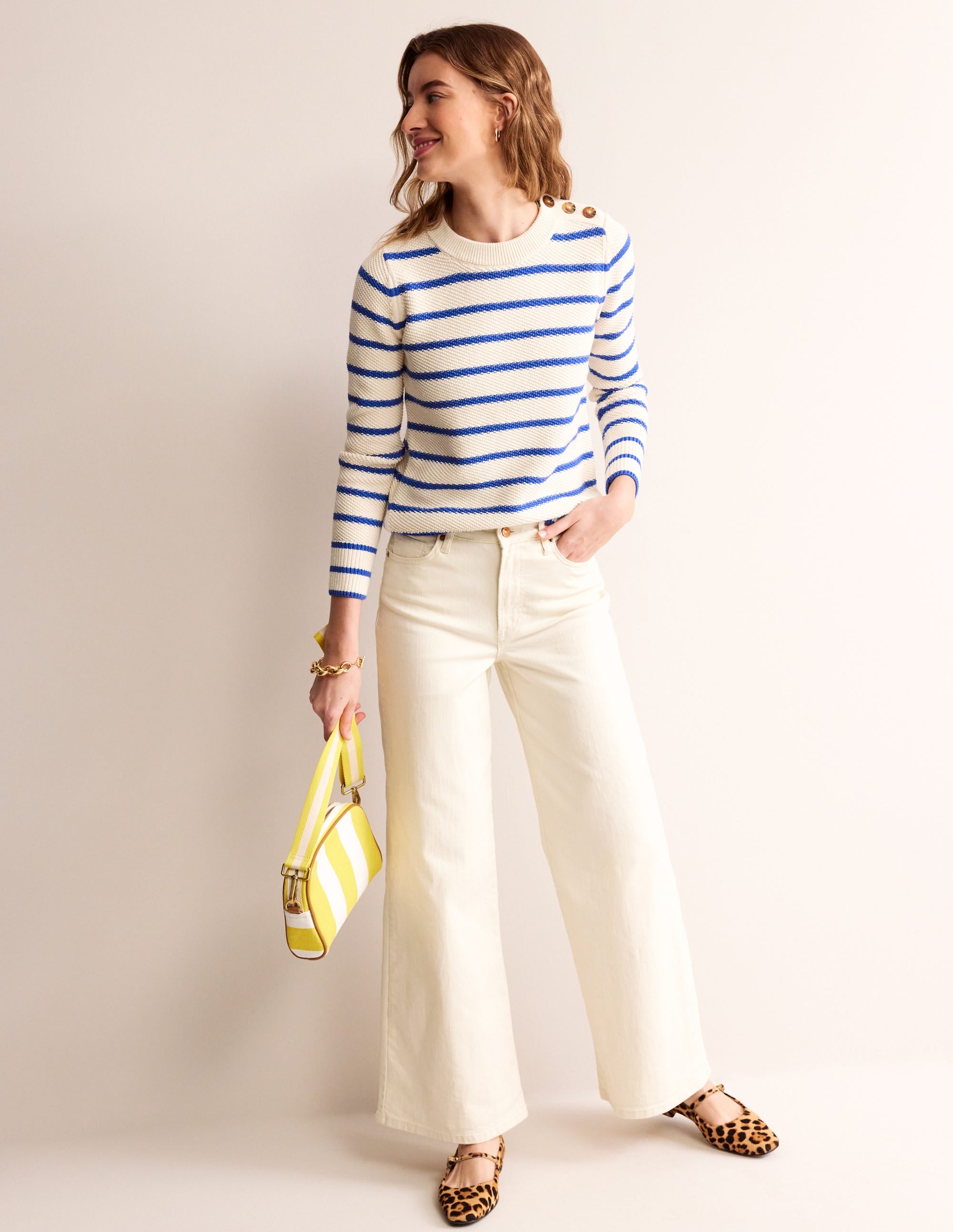 Button Detail Stitch Sweater-Warm Ivory, Island Sapphire - Image 4