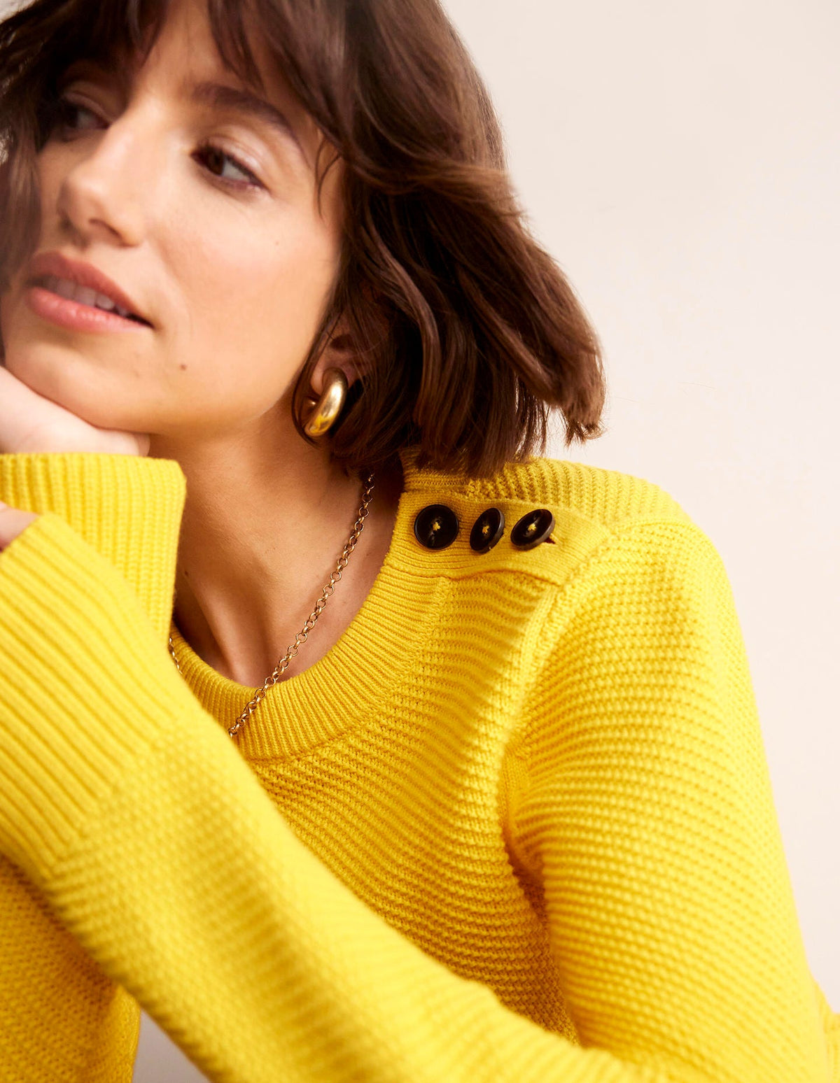 Button Detail Stitch Sweater-Super Lemon Yellow - Image 1
