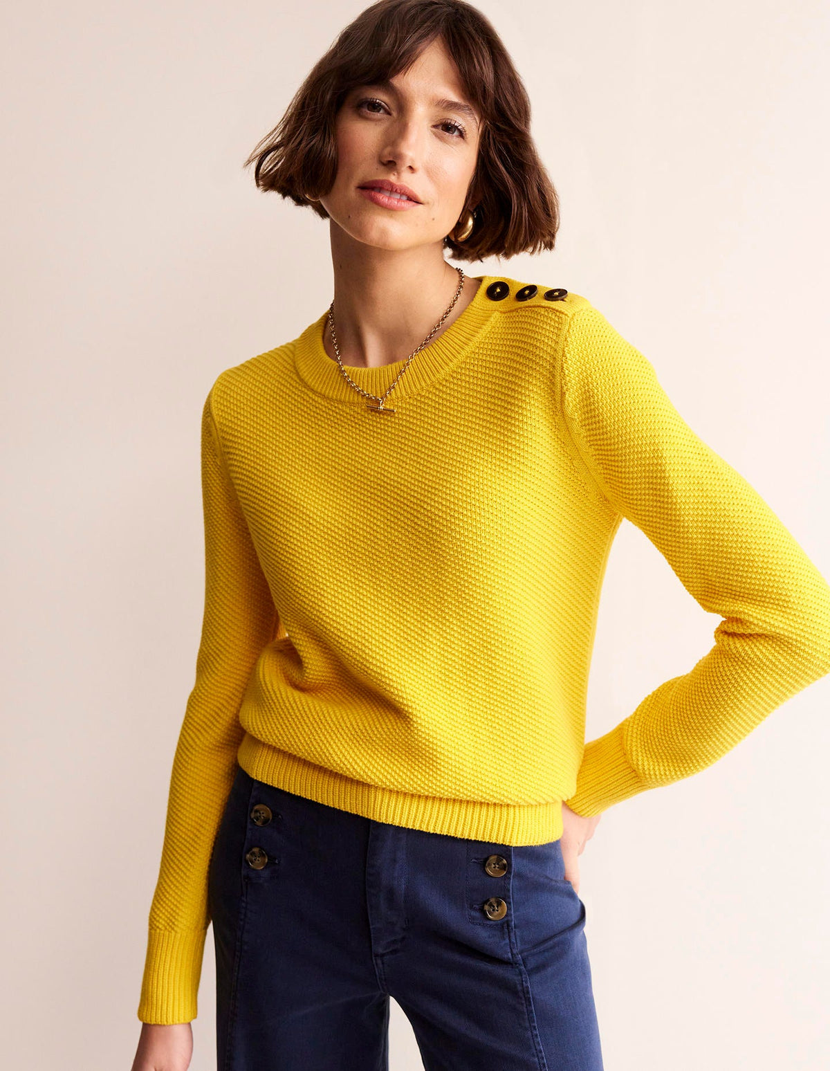Button Detail Stitch Sweater-Super Lemon Yellow-2