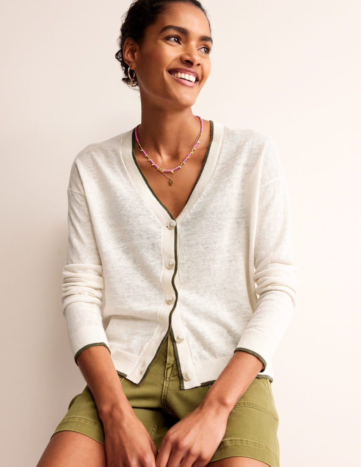 Maggie V-Neck Linen Cardigan-Warm Ivory-1