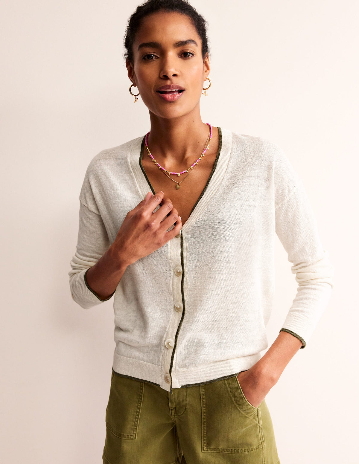 Maggie V-Neck Linen Cardigan-Warm Ivory - Image 4