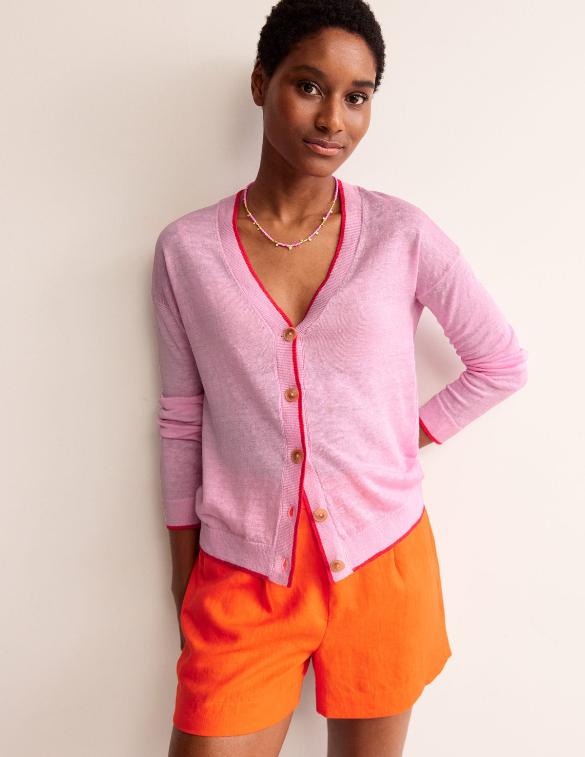 Maggie V-Neck Linen Cardigan-Sweet Lilac Pink-1