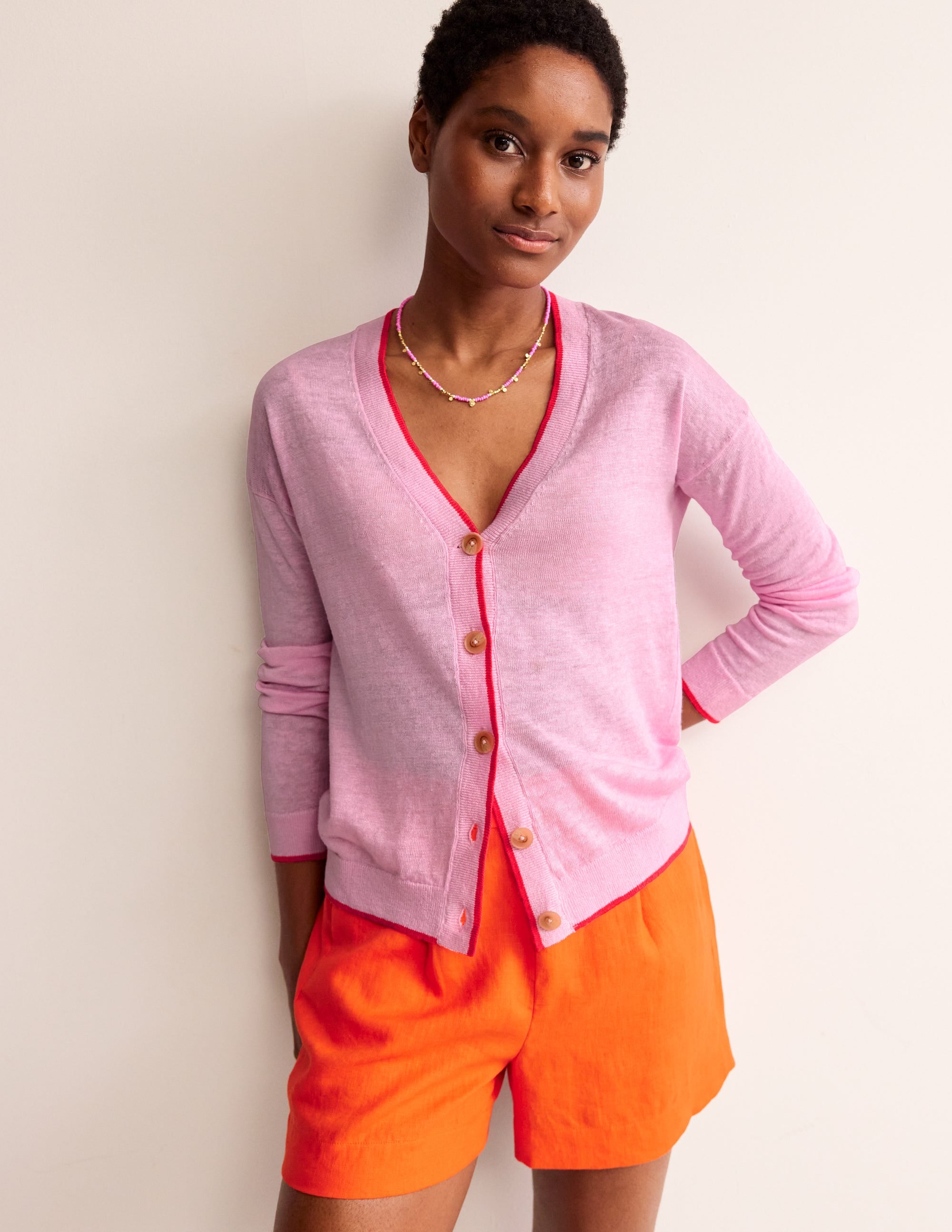 Maggie V-Neck Linen Cardigan-Sweet Lilac Pink - Image 1