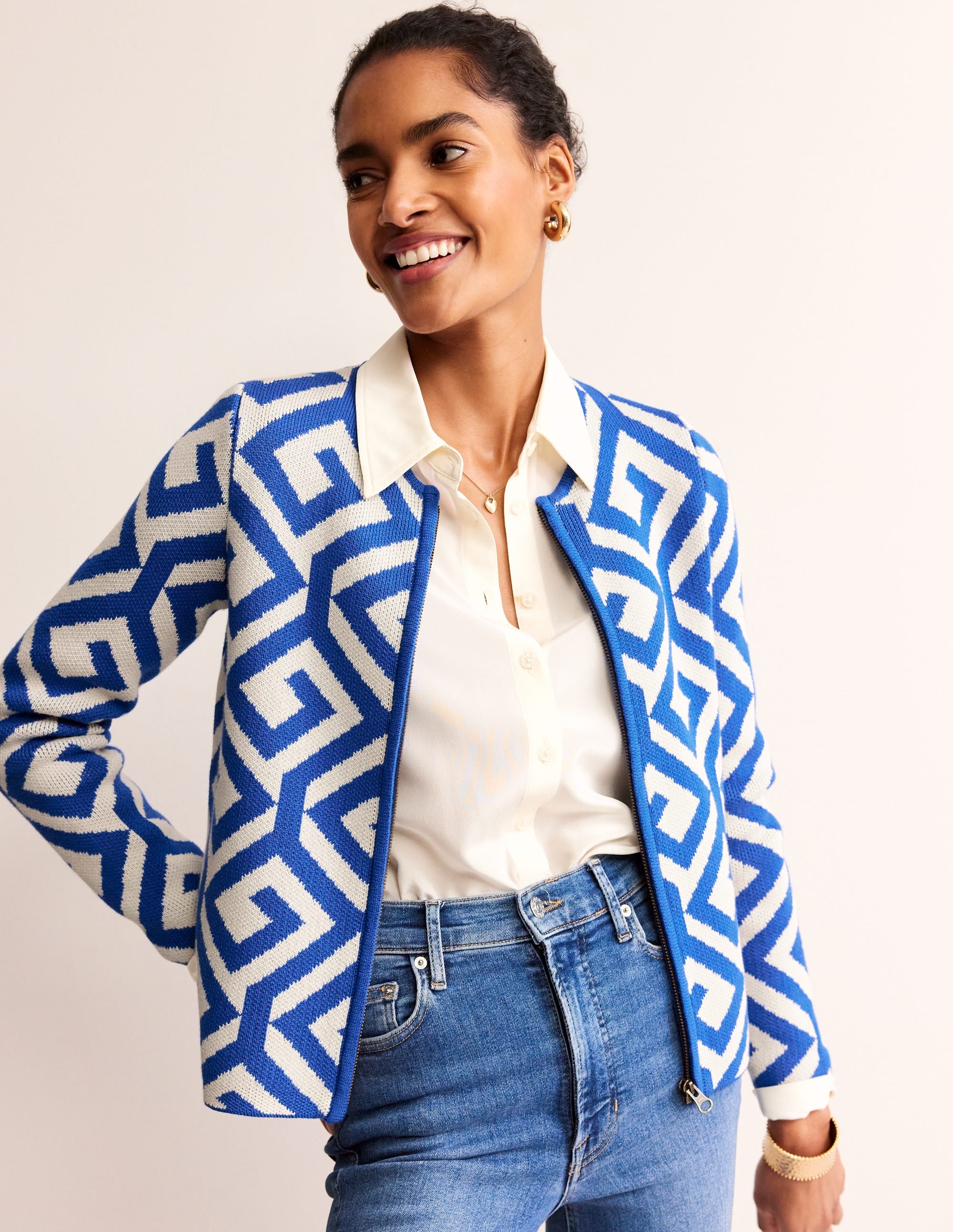 Jacquard Zip Up Cardigan-Mariner Blue, Maze - Image 1