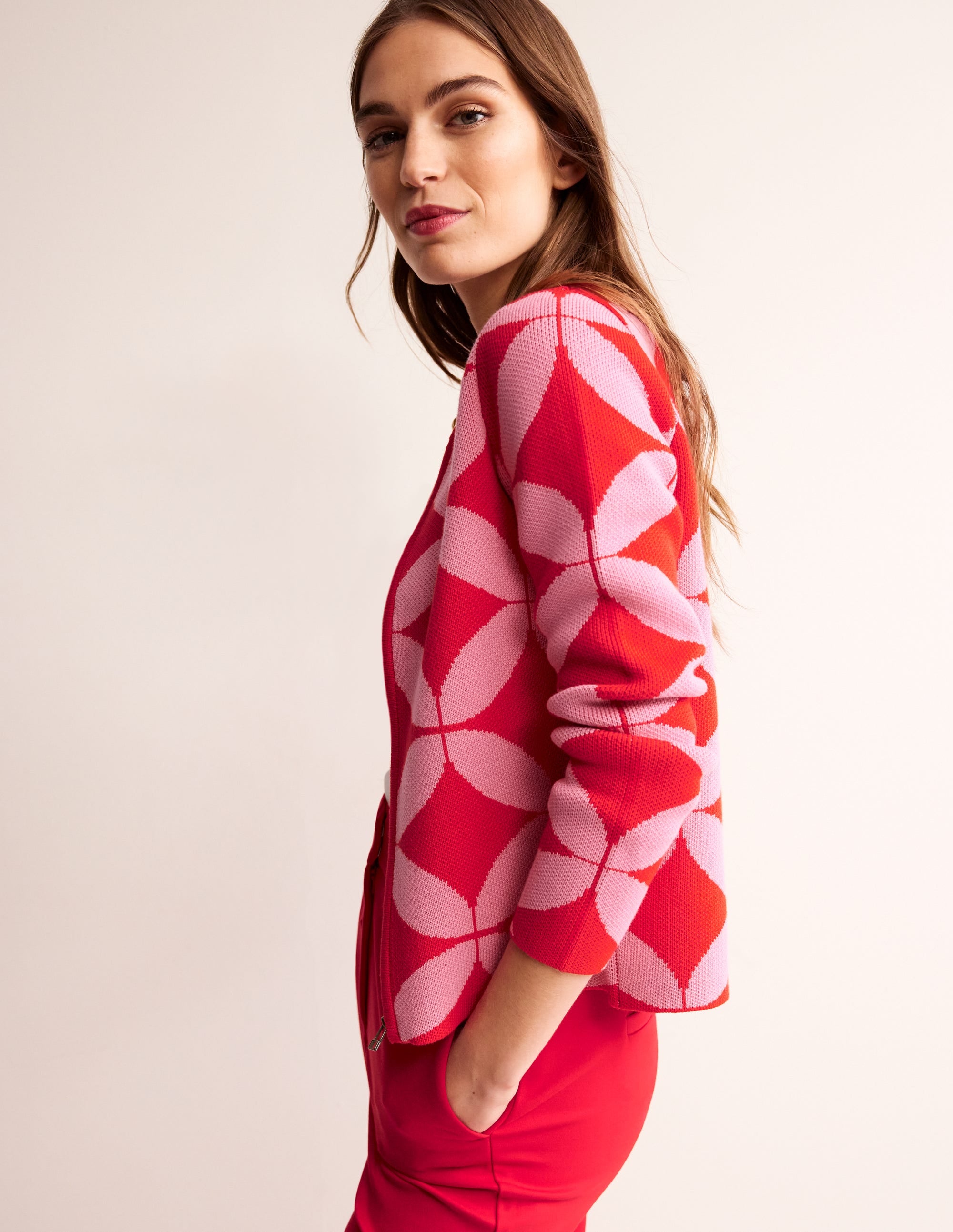 Jacquard Zip Up Cardigan-Ruby Red, Diamond Terrace - Image 1