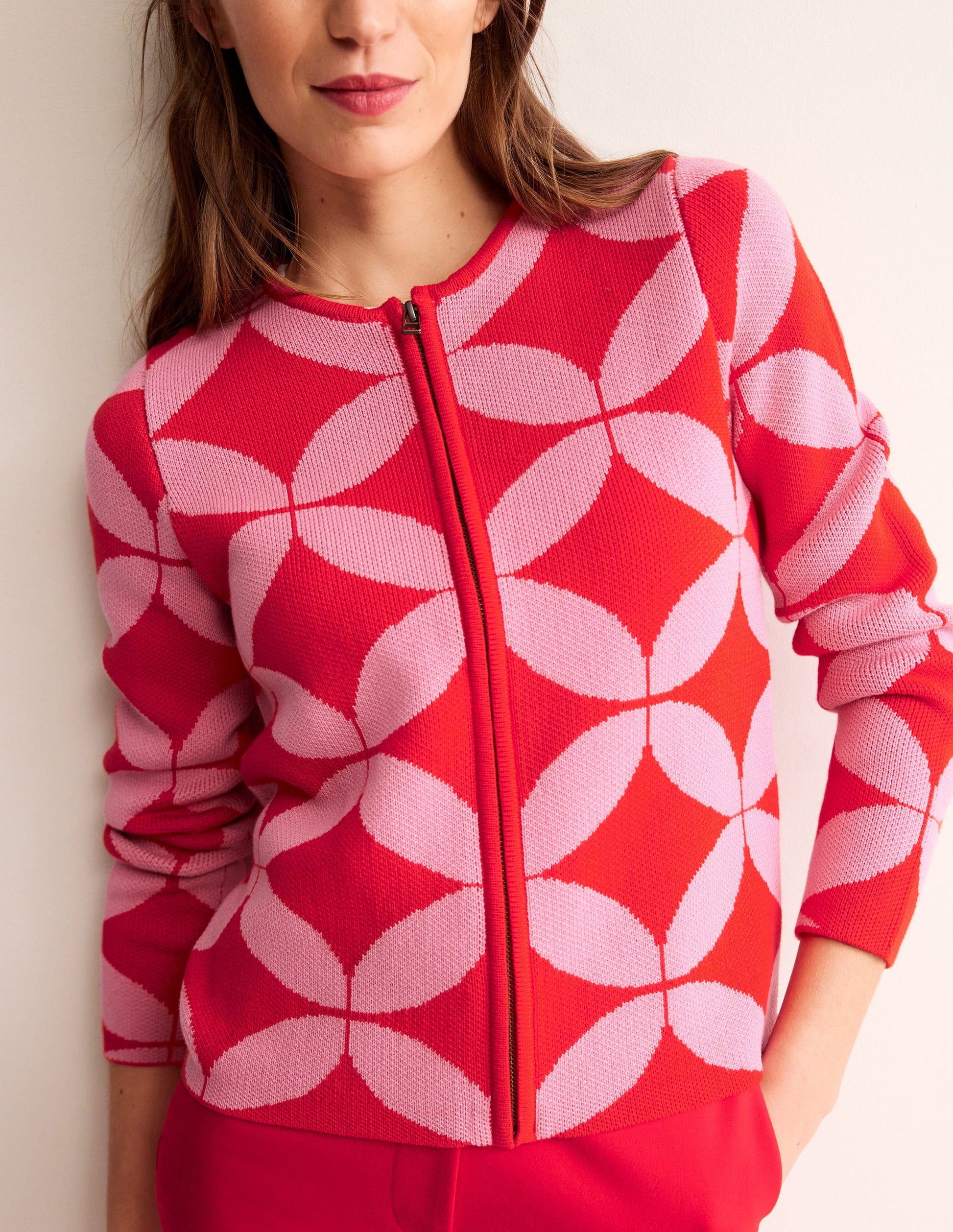 Jacquard Zip Up Cardigan-Ruby Red, Diamond Terrace-2
