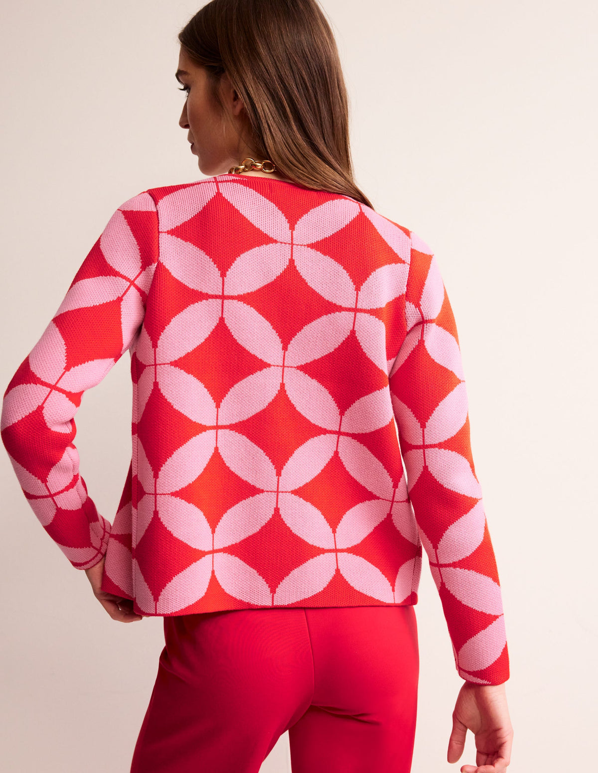 Jacquard Zip Up Cardigan-Ruby Red, Diamond Terrace - Image 3