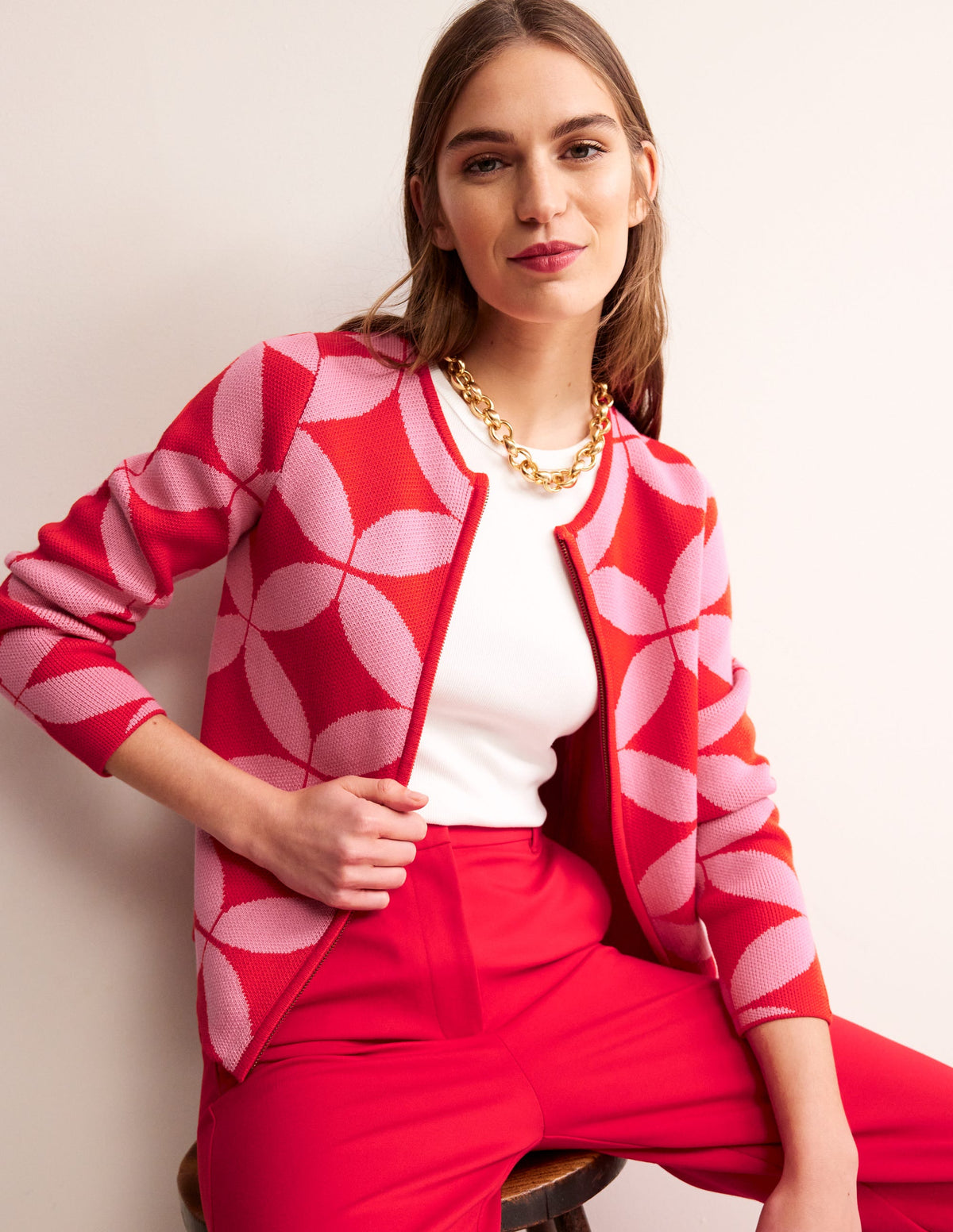 Jacquard Zip Up Cardigan-Ruby Red, Diamond Terrace-4