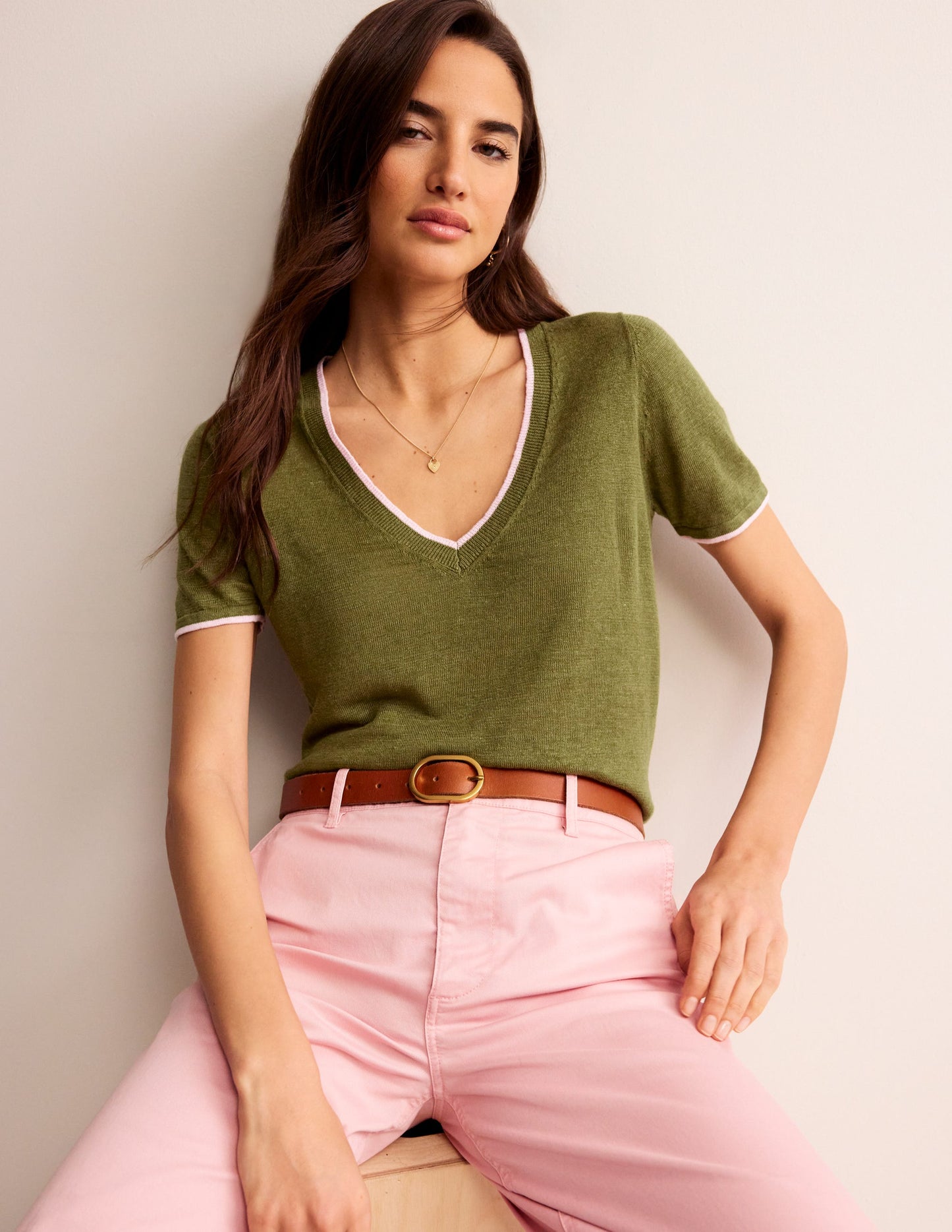 Maggie V-Neck Linen T-Shirt-Mayfly Green