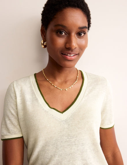 Maggie V-Neck Linen T-Shirt-Warm Ivory