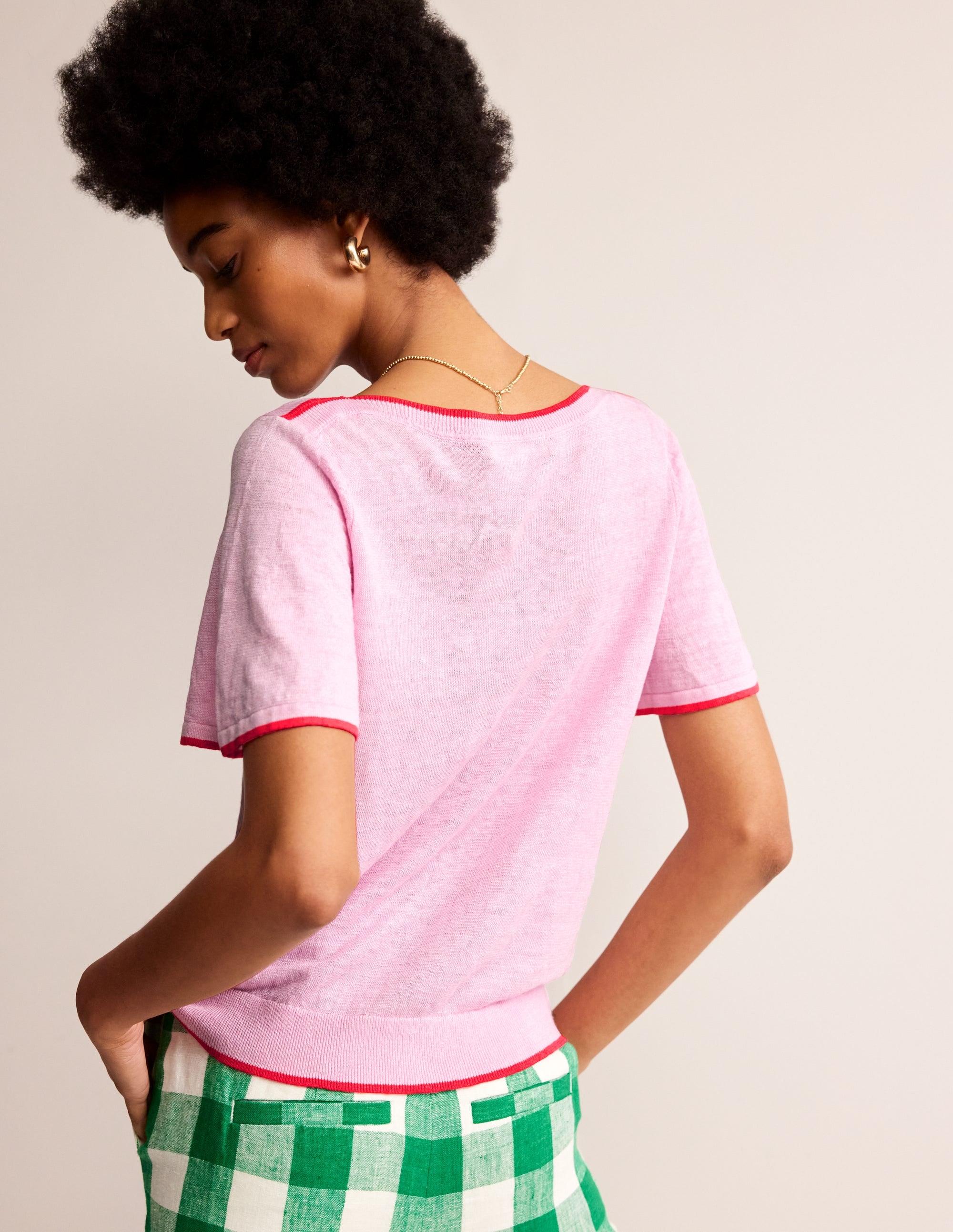 Maggie Boat Neck Linen T-Shirt-Soft Peony Pink - Image 3