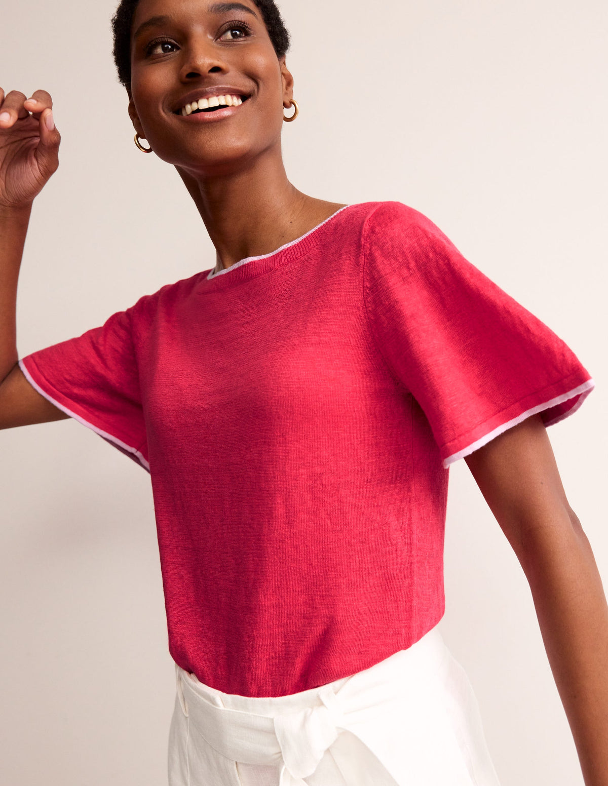 Maggie Boat Neck Linen T-Shirt-Bright Coral - Image 1