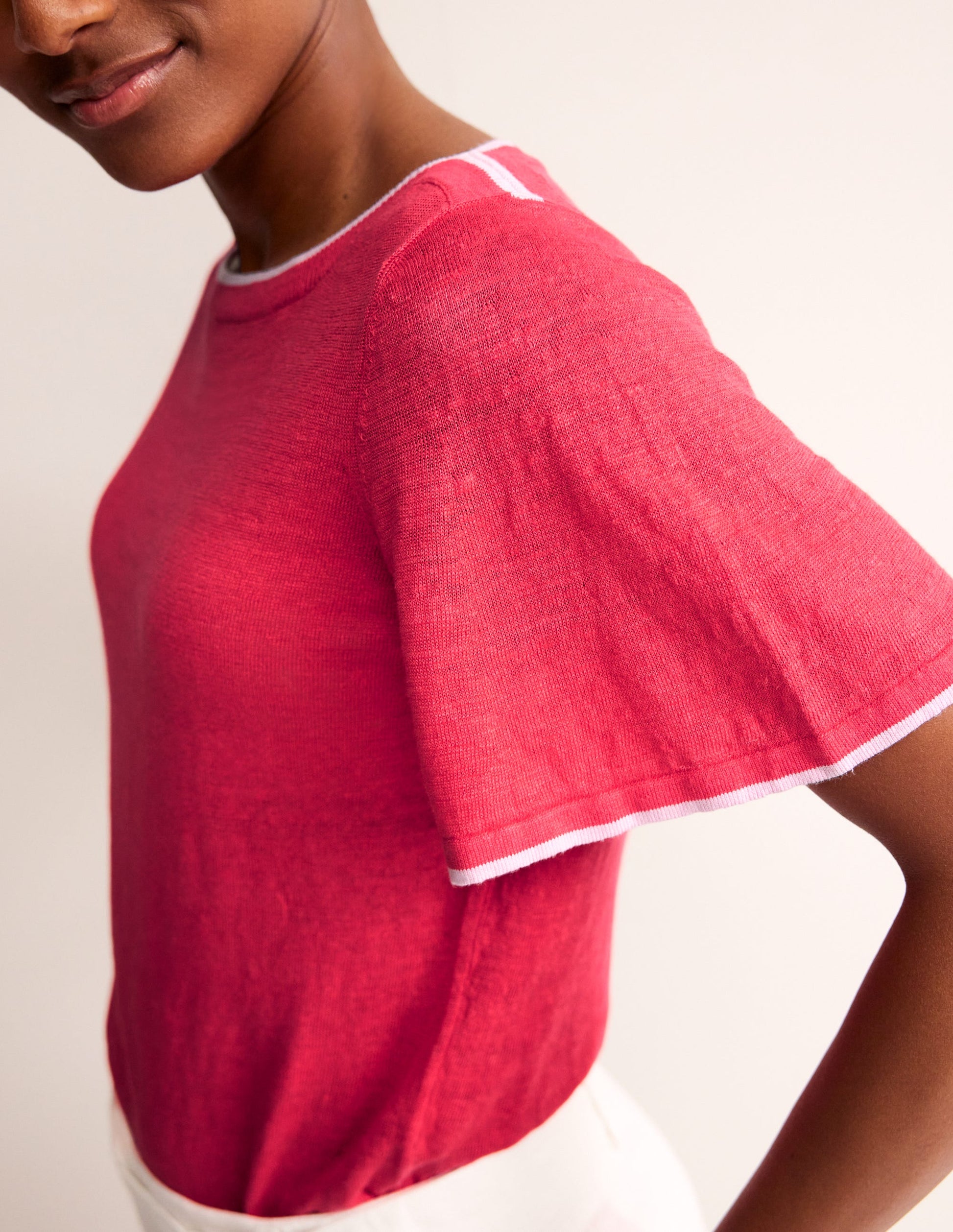 Maggie Boat Neck Linen T-Shirt-Bright Coral-2