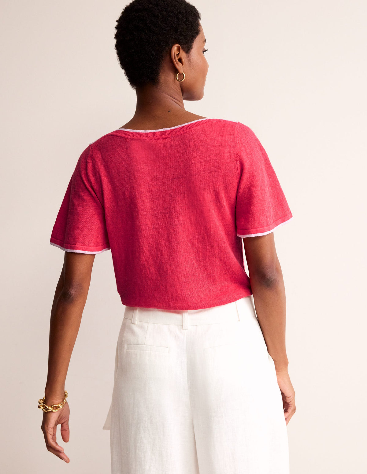 Maggie Boat Neck Linen T-Shirt-Bright Coral - Image 3