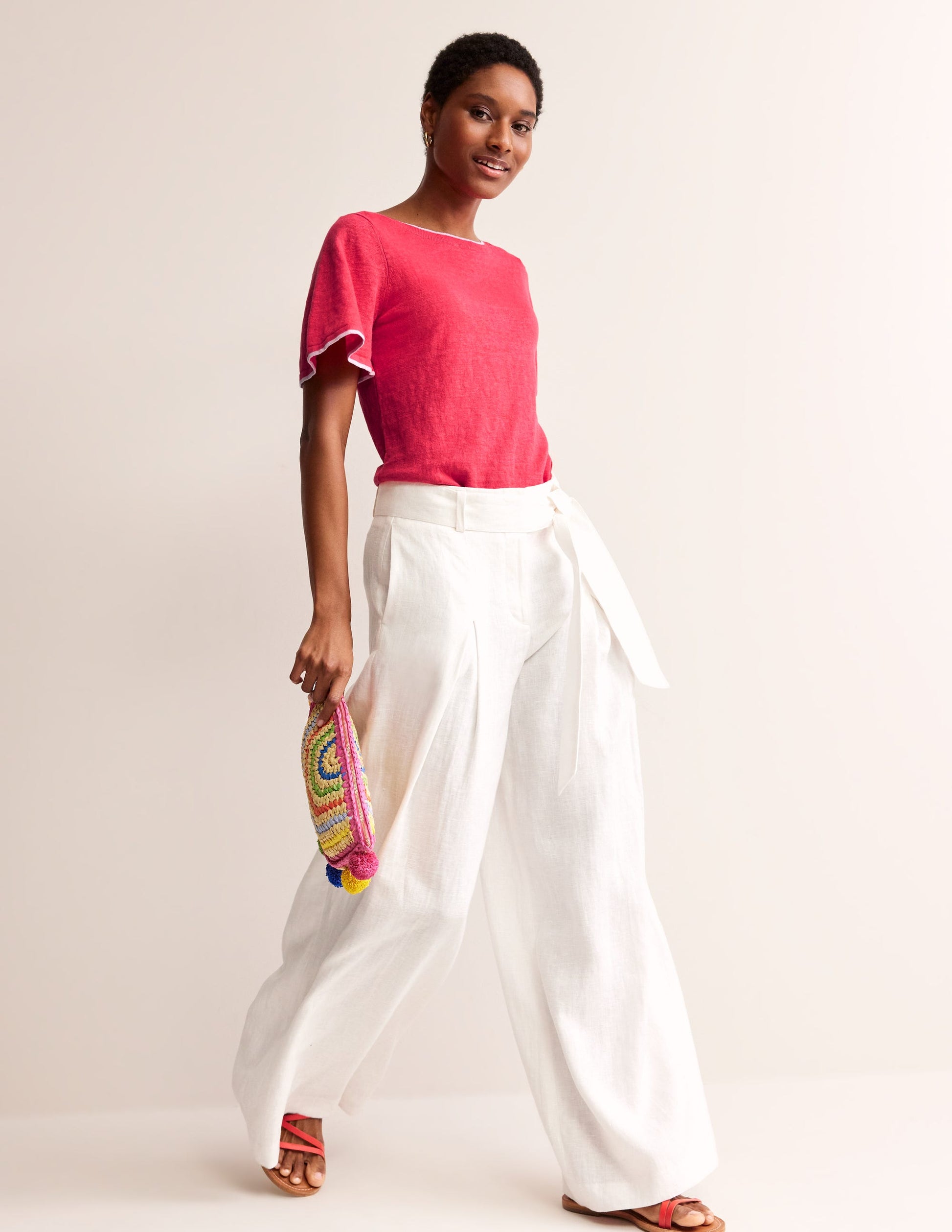 Maggie Boat Neck Linen T-Shirt-Bright Coral-4