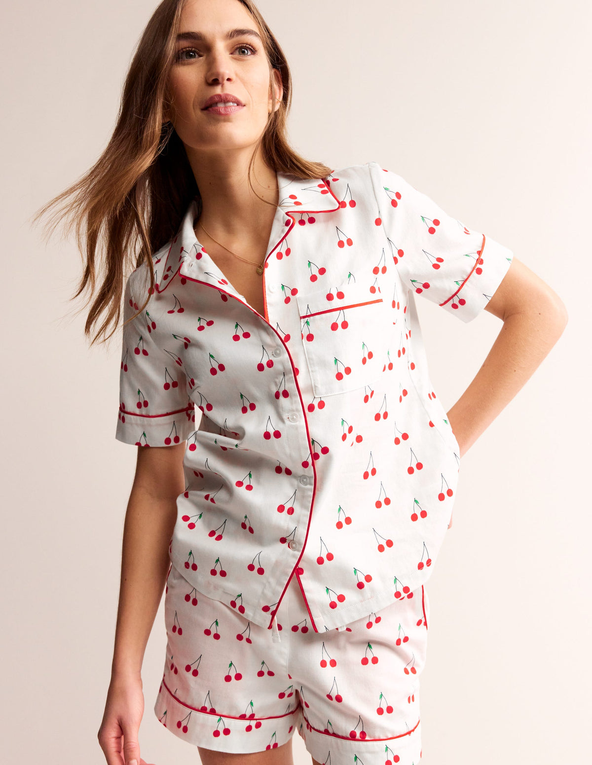 Short Sleeve Pyjama Top-Ivory, Cherry Vine - Image 1