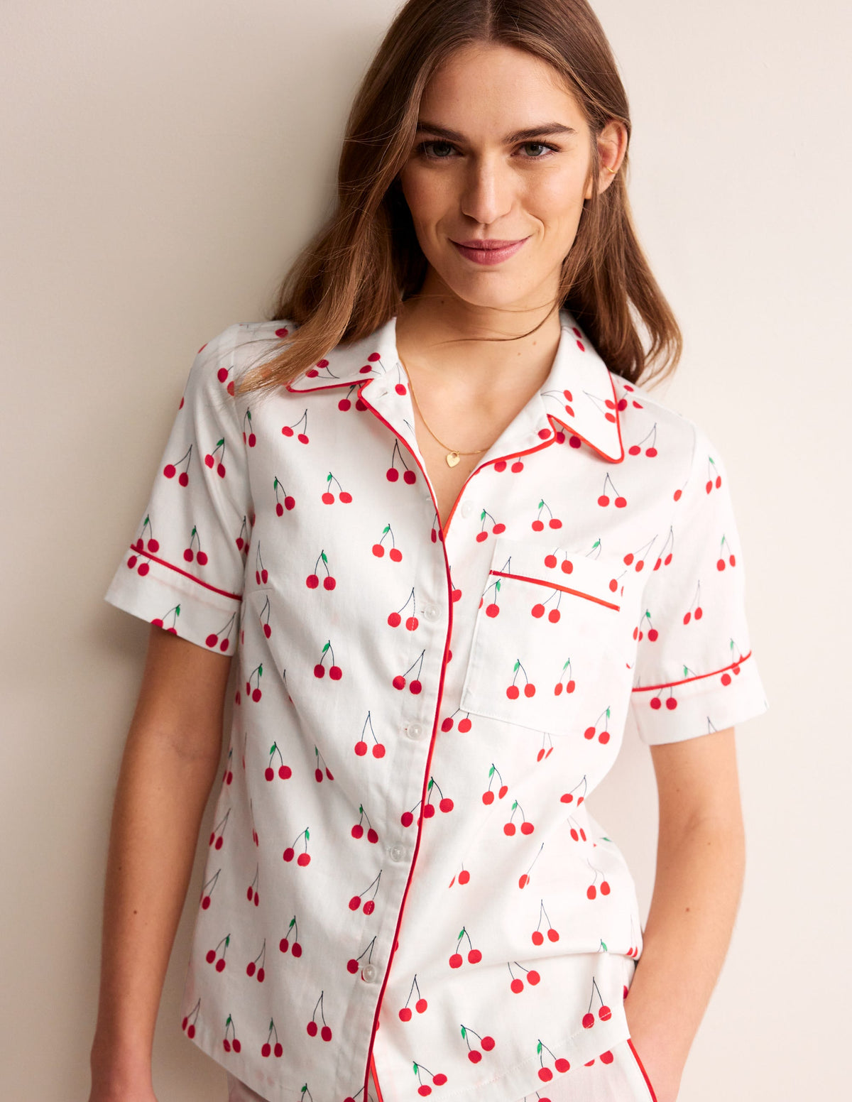 Short Sleeve Pyjama Top-Ivory, Cherry Vine - Image 4