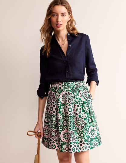 Pleated Cotton Skirt-Green Tambourine, Artisian Geo