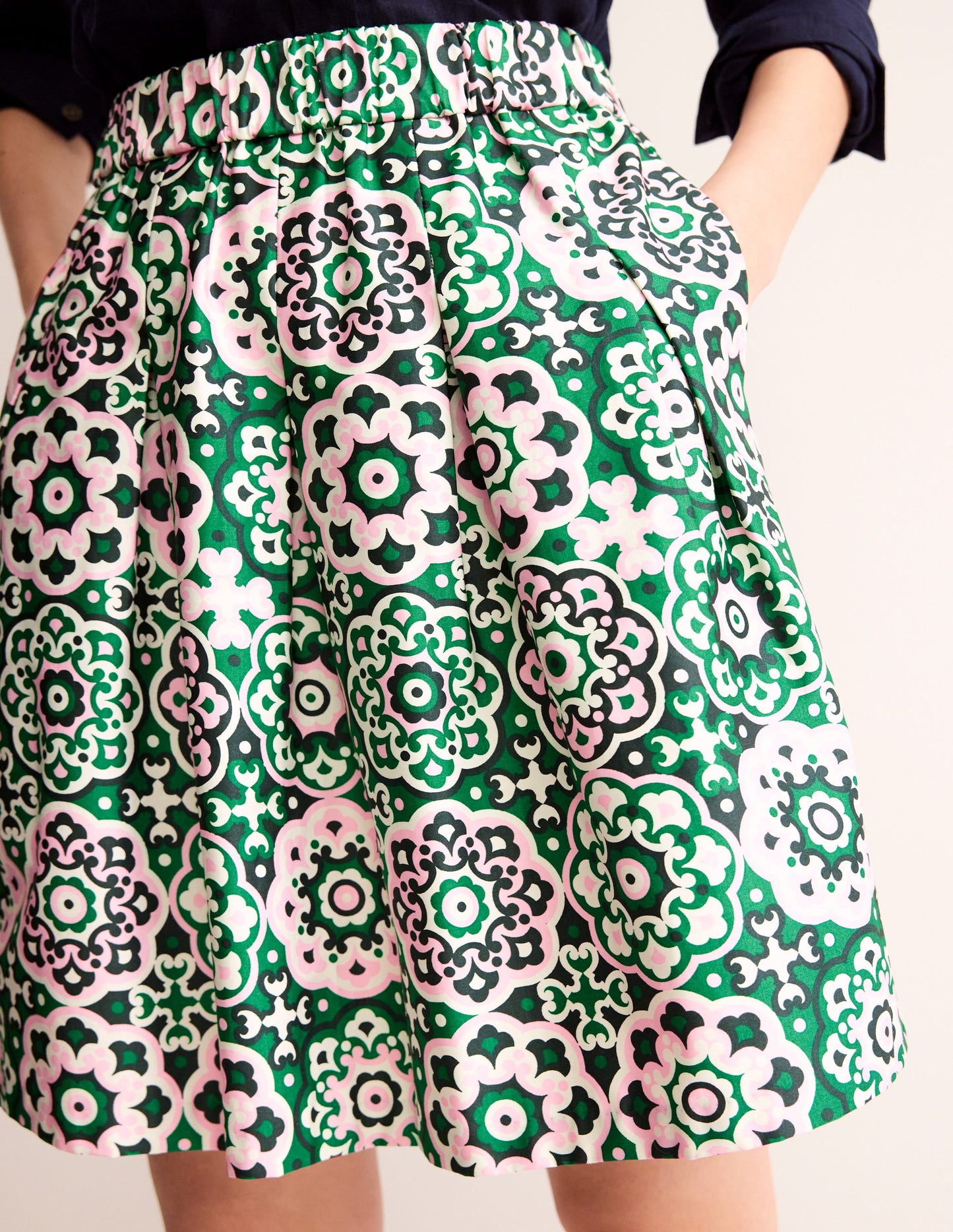 Pleated Cotton Skirt-Green Tambourine, Artisian Geo