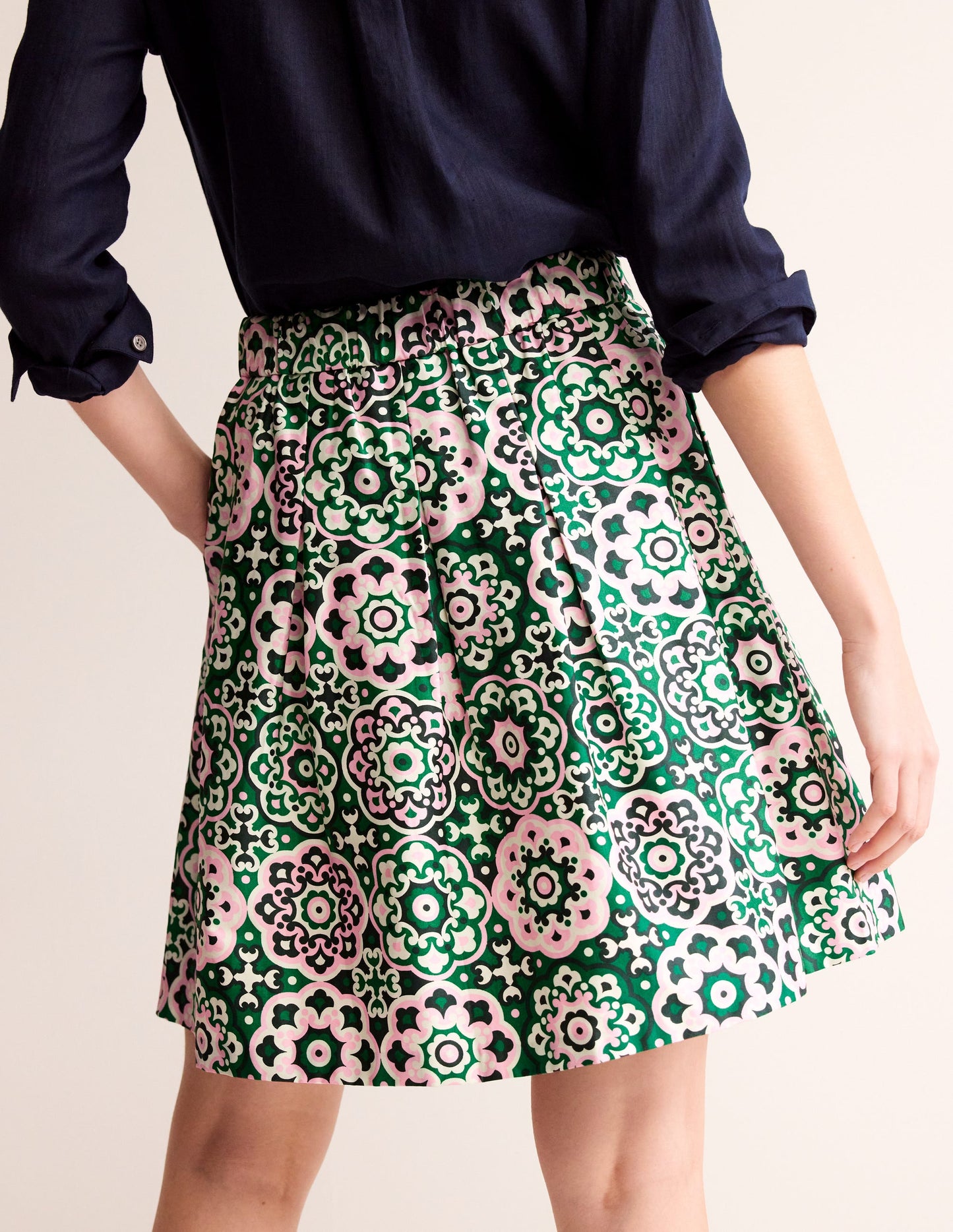 Pleated Cotton Skirt-Green Tambourine, Artisian Geo