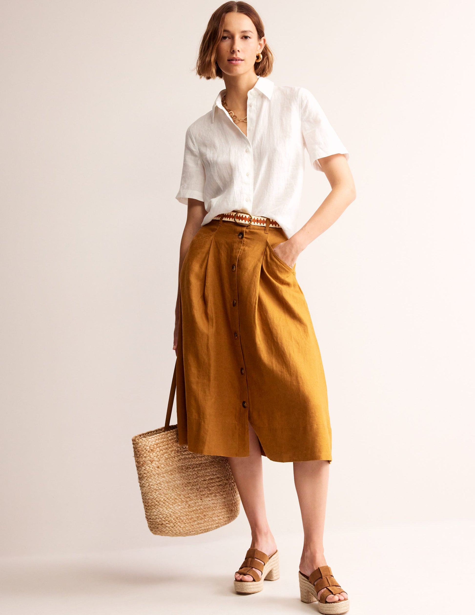 Petra Linen Midi Skirt-Bronze Brown-1