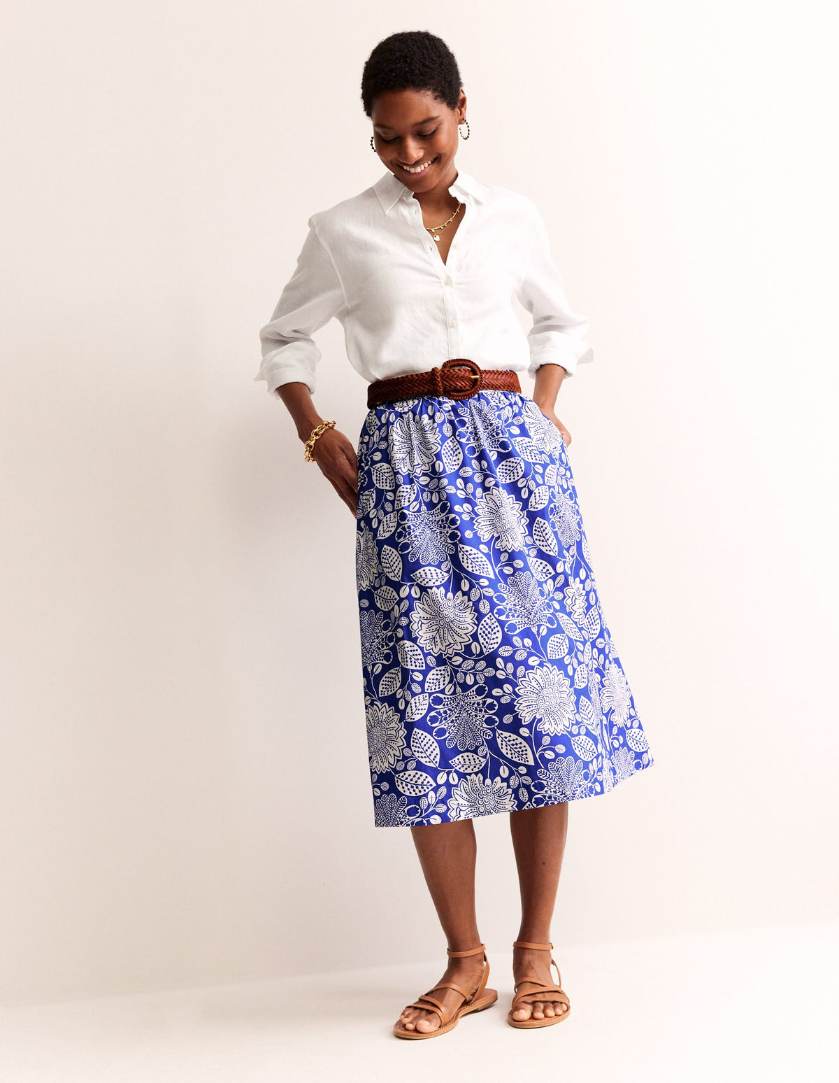 Hattie Poplin Midi Skirt-Surf The Web, Gardenia Swirl - Image 1