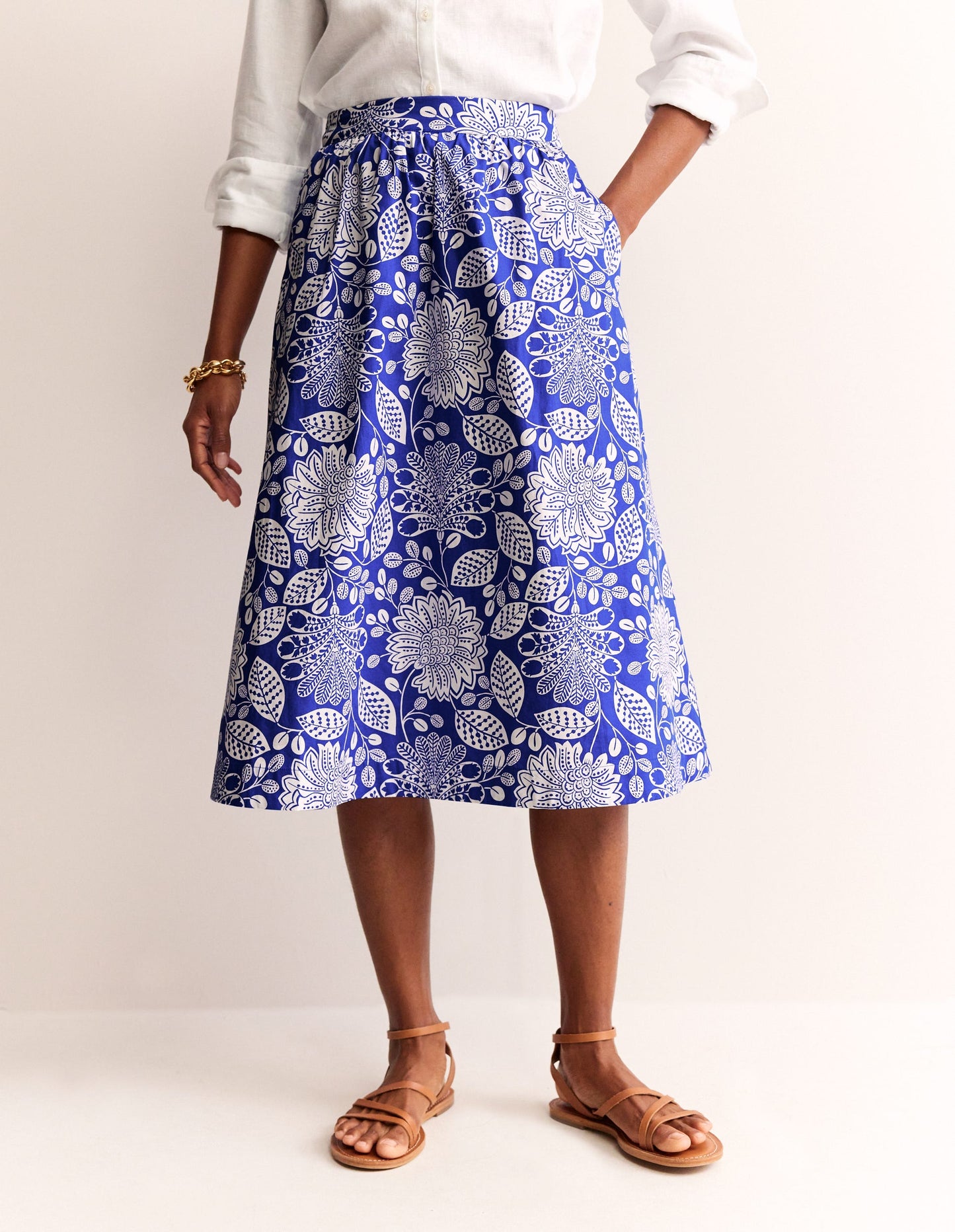 Hattie Poplin Midi Skirt-Surf The Web, Gardenia Swirl