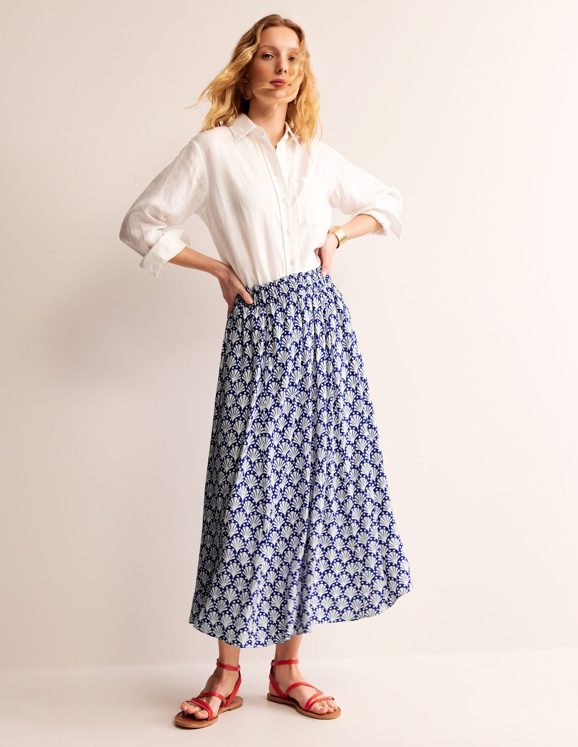 Crinkle Midi Skirt-Surf the Web, Ivory Shells-1