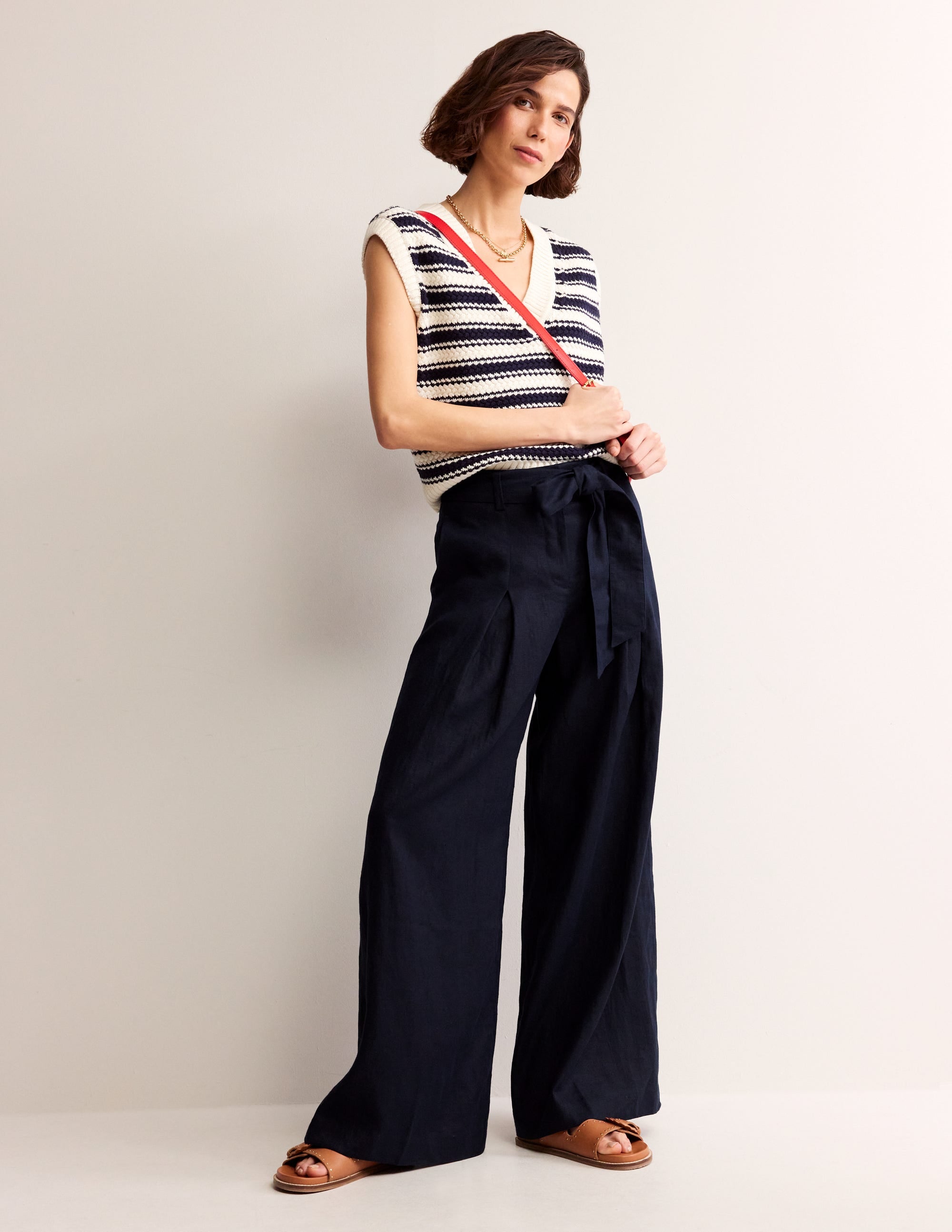 Palazzo Linen Pants-Navy - Image 1