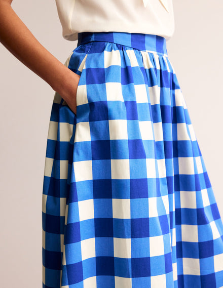 Layla Cotton Sateen Skirt-Nautical blue, Ivory Gingham