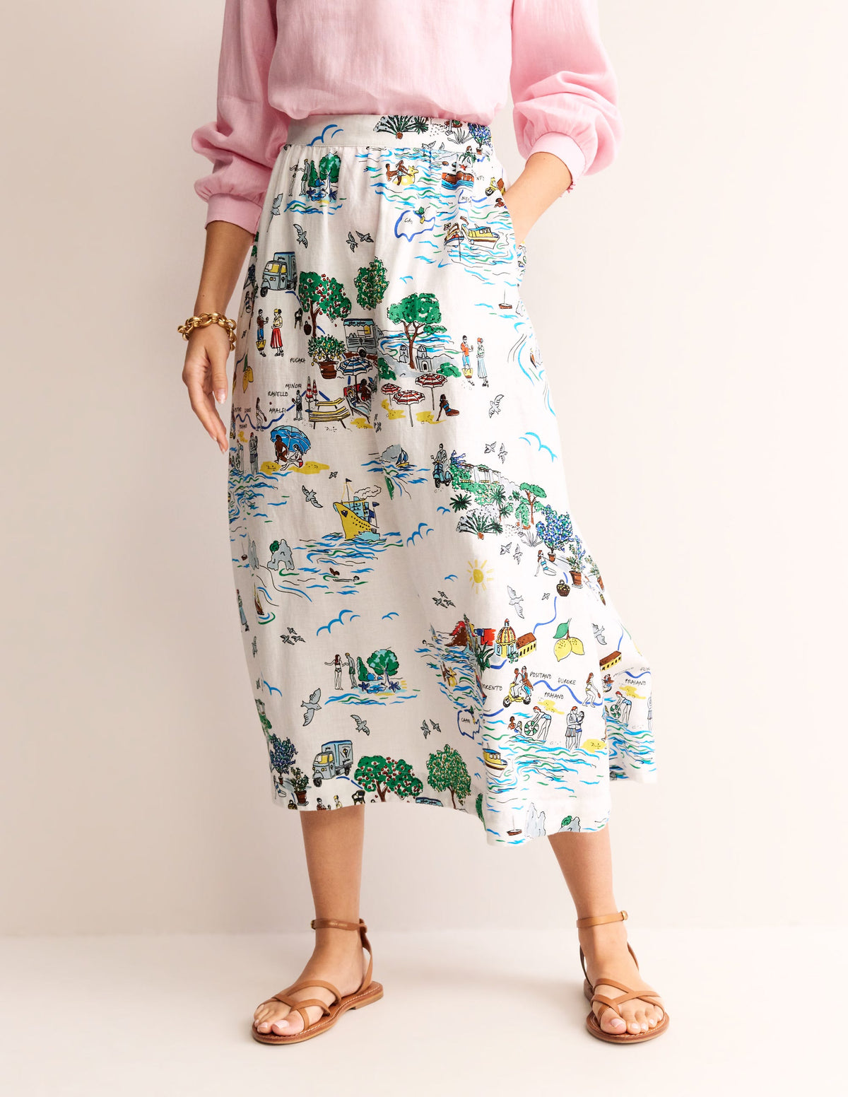 Florence Linen Midi Skirt-Ivory, Amalfi-4
