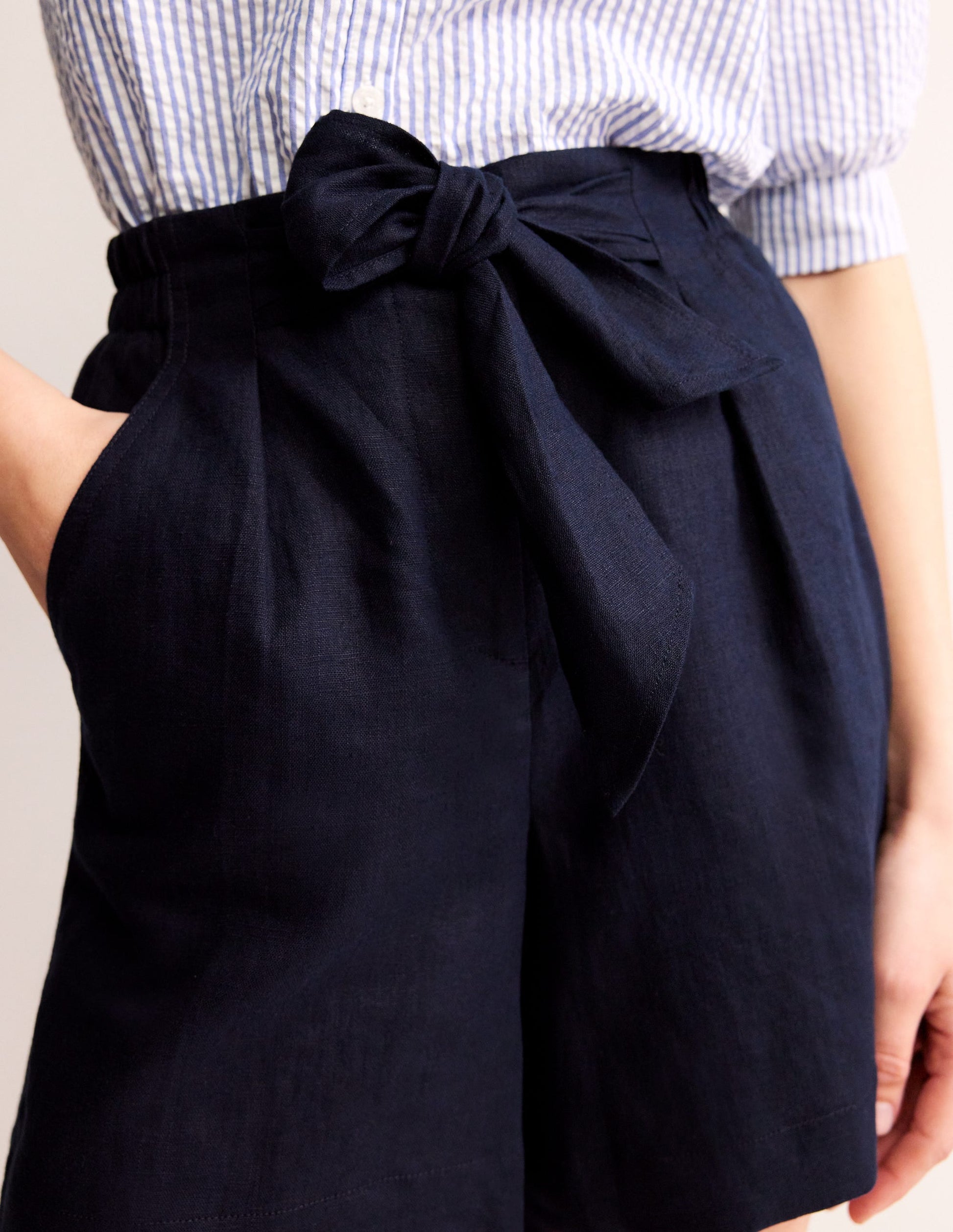Tie Waist Linen Shorts-Navy-2