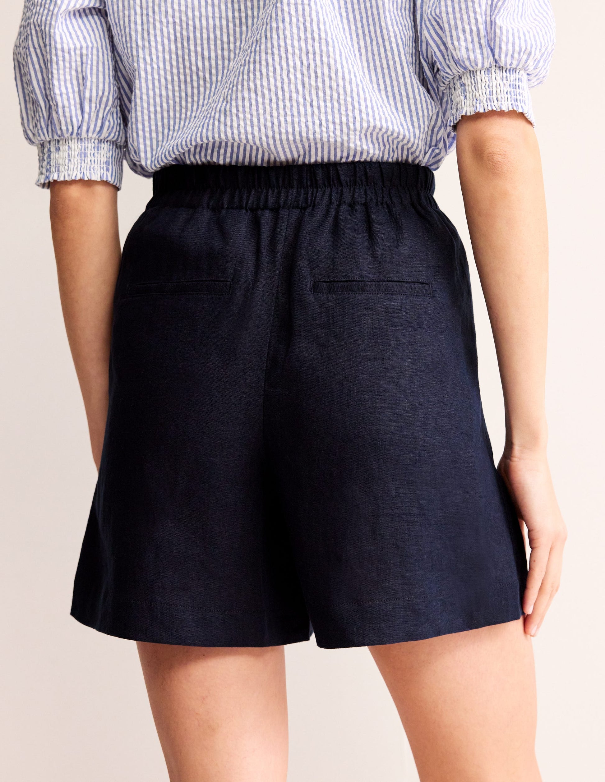 Tie Waist Linen Shorts-Navy-3