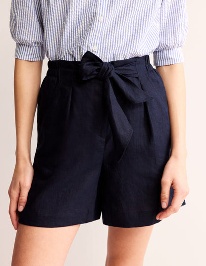 Tie Waist Linen Shorts-Navy-4