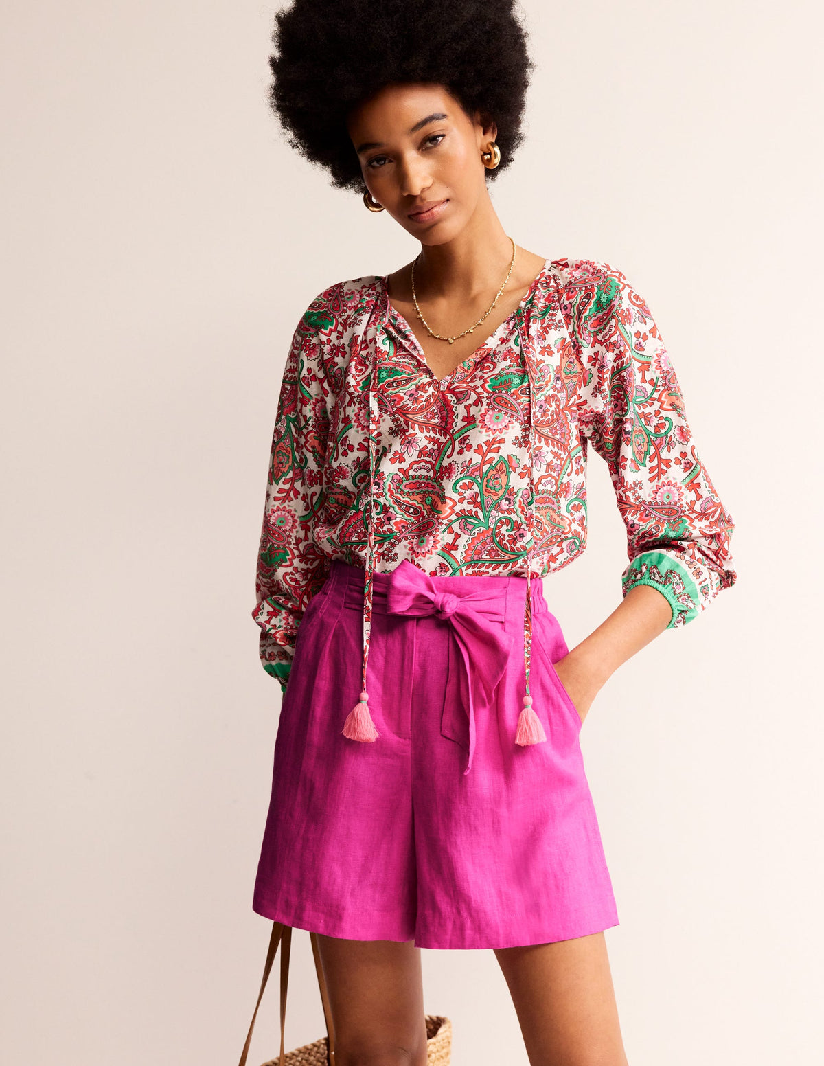 Tie Waist Linen Shorts-Pop Pansy-1
