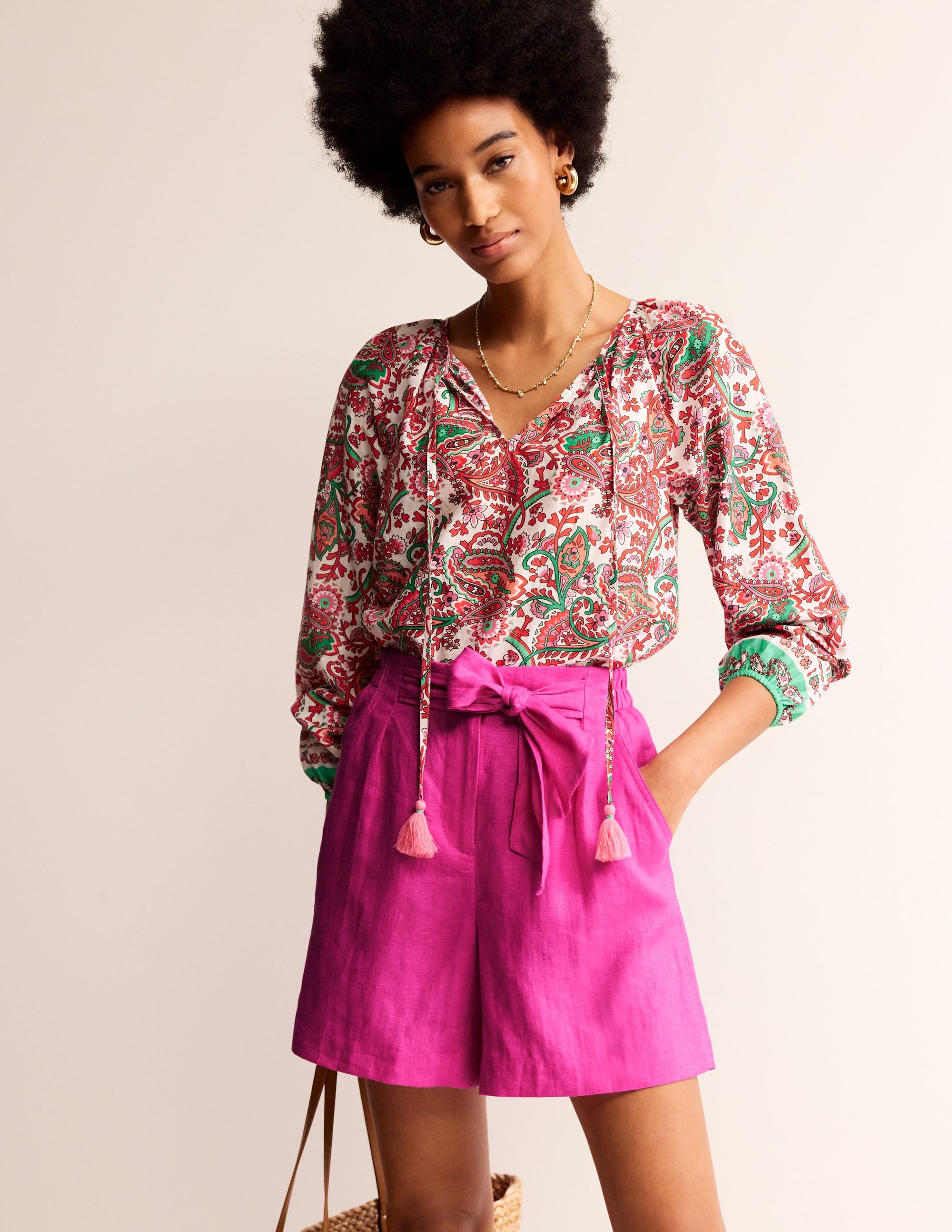 Tie Waist Linen Shorts-Pop Pansy - Image 1