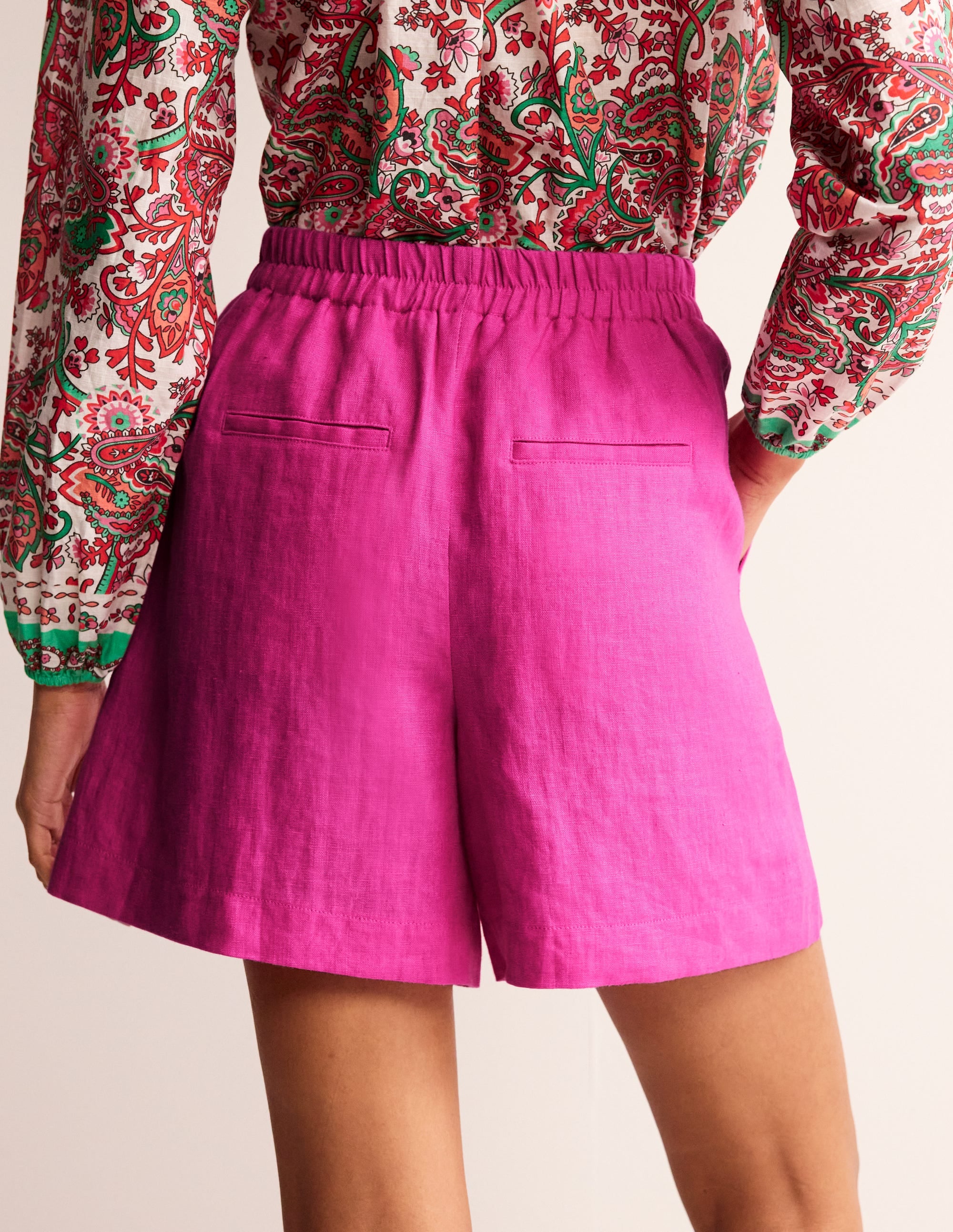 Tie Waist Linen Shorts-Pop Pansy - Image 3
