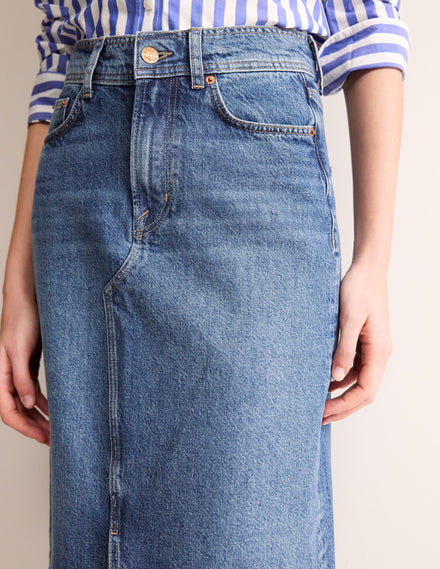 5 Pocket Denim Maxi Skirt-Mid Wash