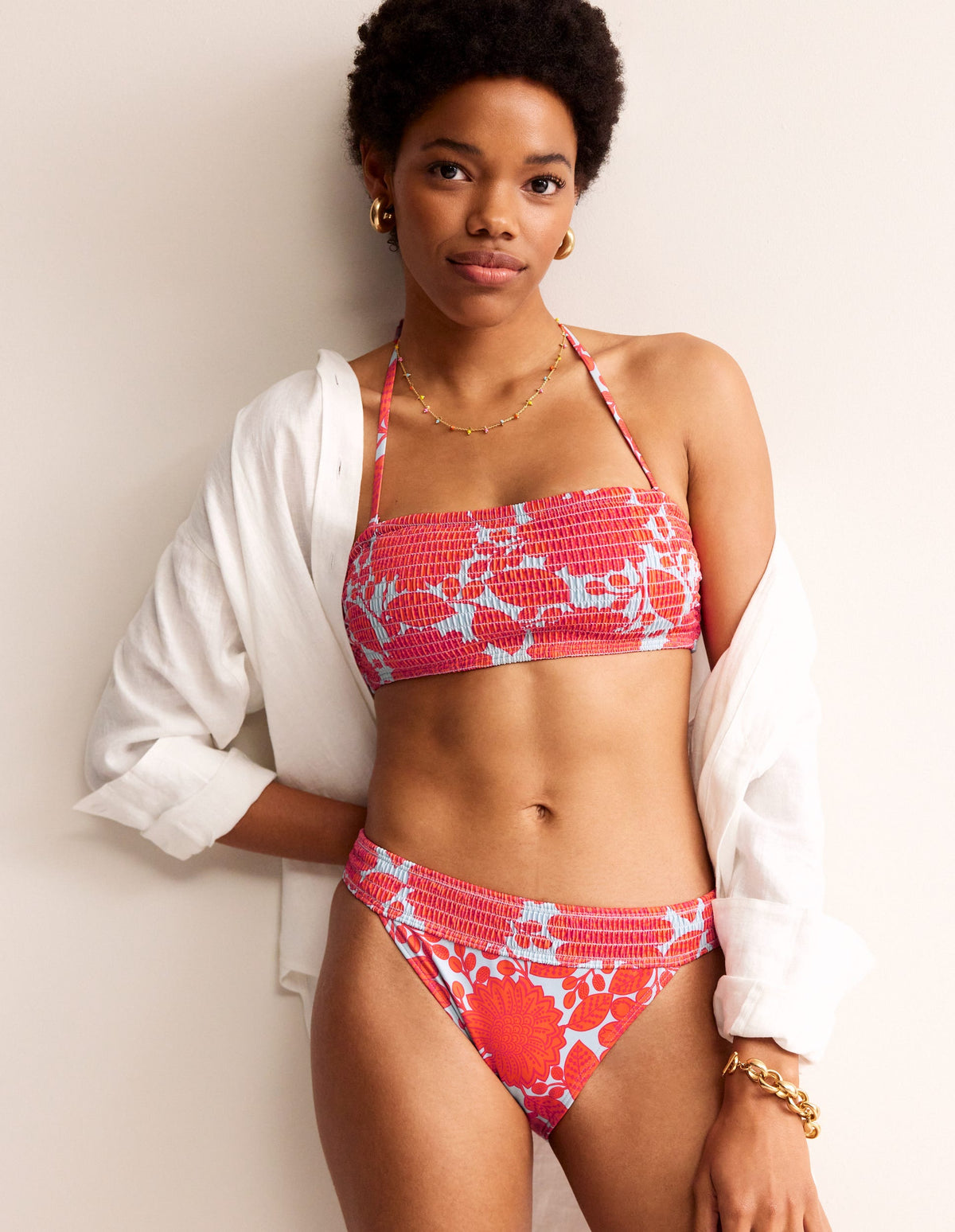 Milos Smocked Bikini Bottoms-Fire Cracker, Gardenia Swirl - Image 1